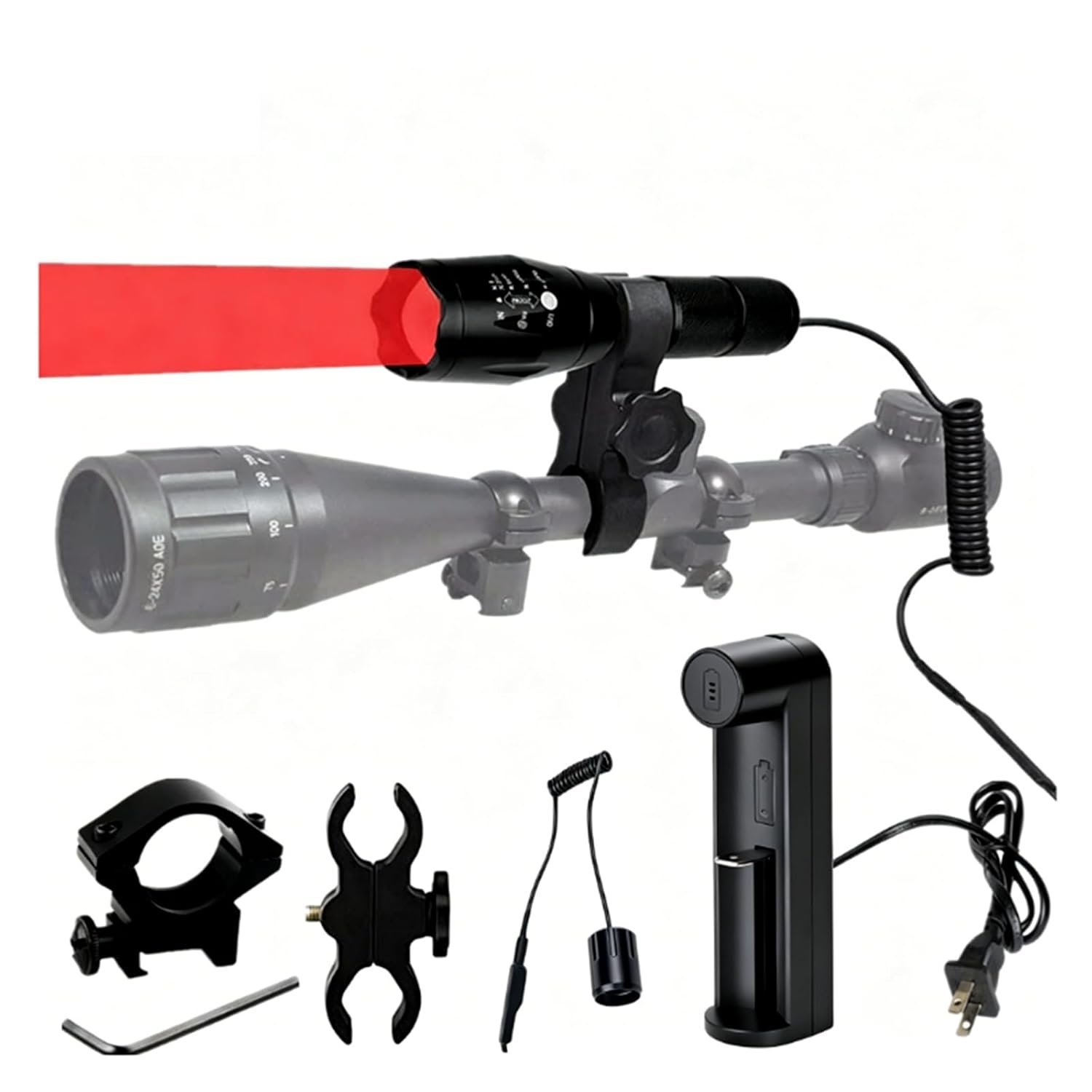 BESTSUN Red LED Hunting Torch,350 Yards Long Range Tactical Red Torches 10000 Lumens Handheld Lamp with Scope & Rail Mount, Pressure Switch Waterproof Zoomable Torch for Coyote, Hog, Fox, Predator