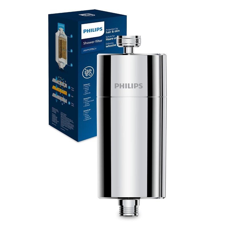 Philips Water Inline Shower Filter with 1 Replacement Cartridge - 50,000 L Capacity, Reduces Chlorine by up to 99%, Fits All Standard Hoses and Fittings, Chrome