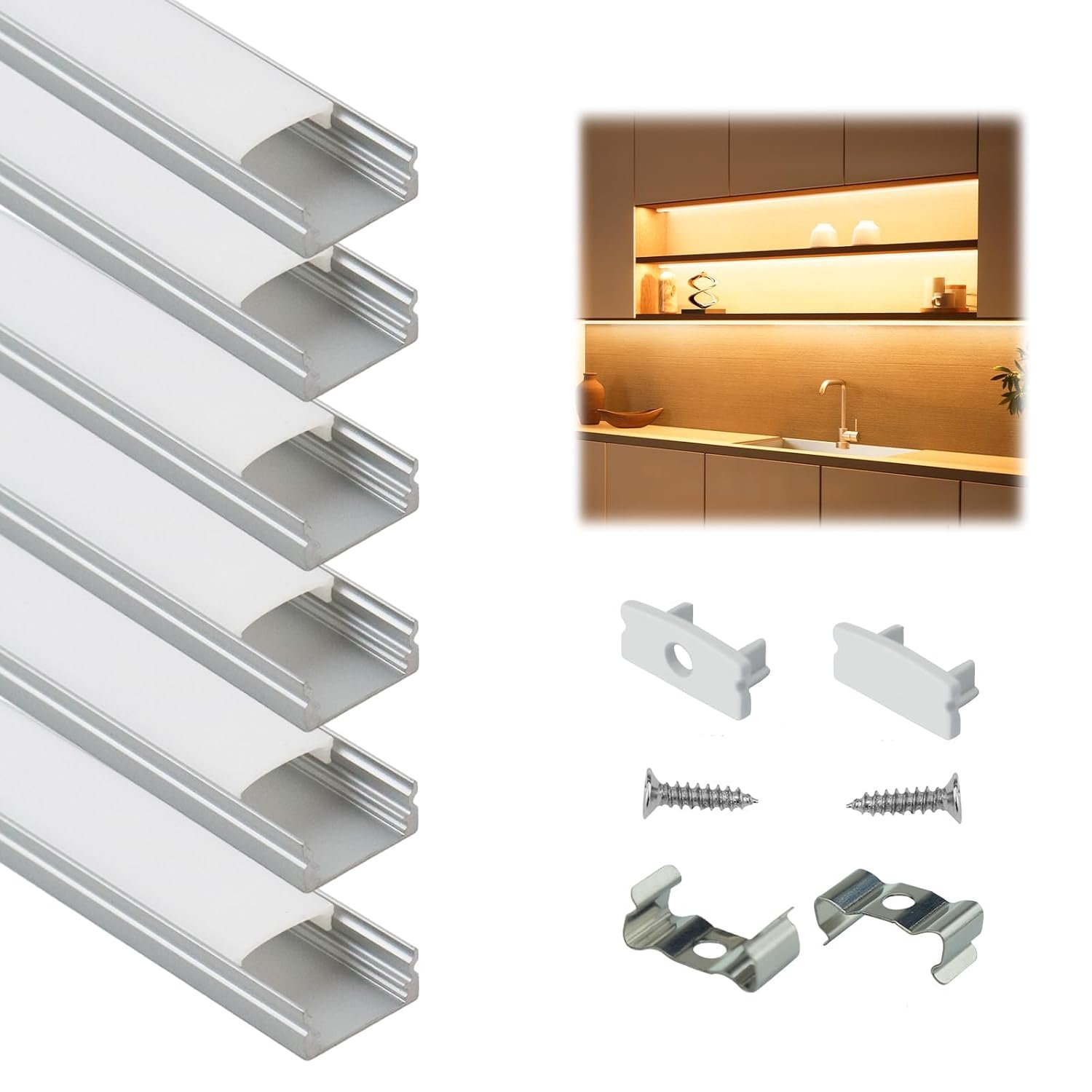 Muzata 6Pack 3.3FT/1M LED Profile with Milky White Cover Silver Aluminum U Shape Diffuser Channel LED Strip Light Diffuser Easy Installation with Paper User Manual U1SW WW 1M