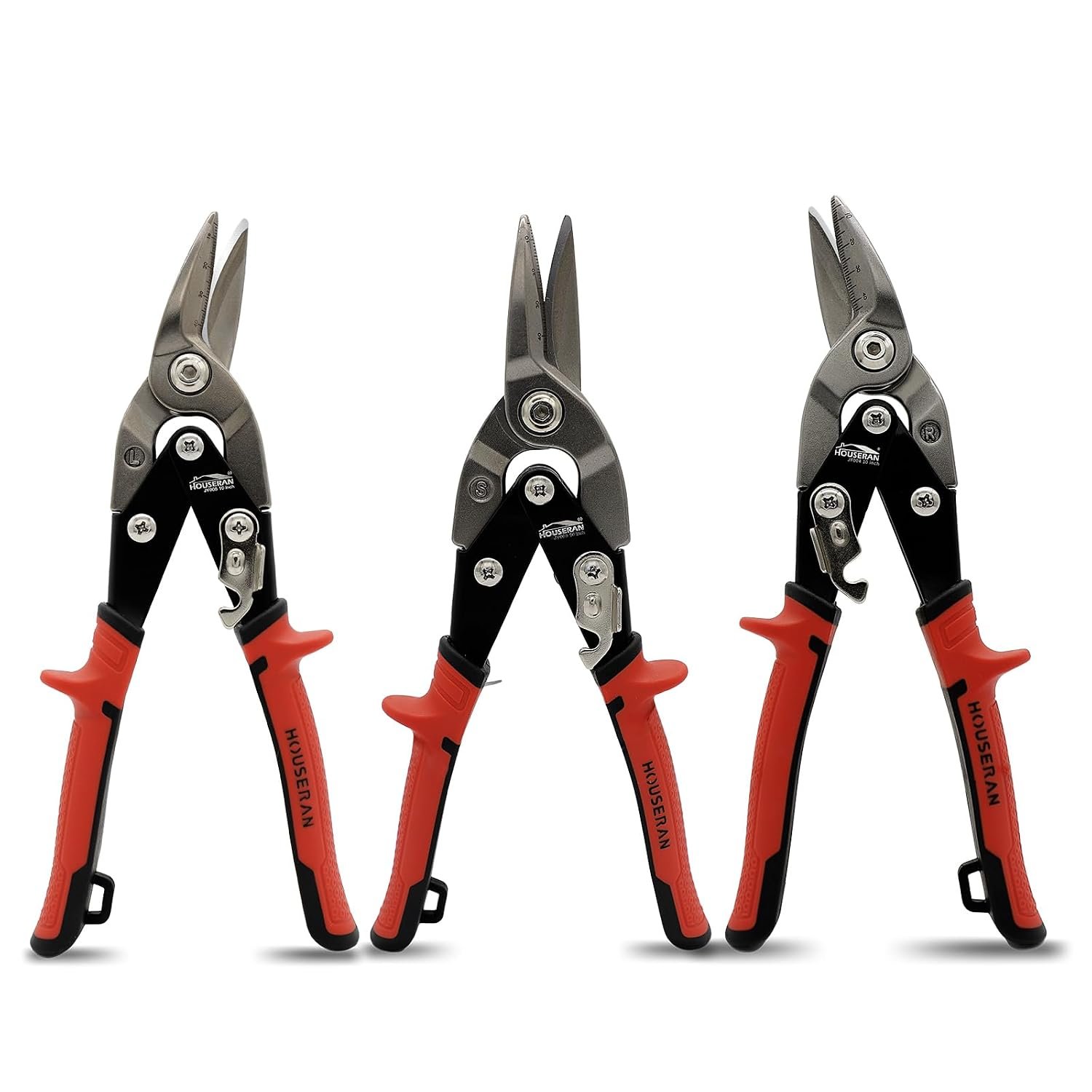 HOUSERAN 3-Piece Aviation Tin Snips Set, 10 Inch Straight, Left & Right Cut Offset Heavy Duty Metal Cutters, CR-MO Steel Blades with Double Lever & Safety Latch, Scissors Kit for Cutting Metal Sheet