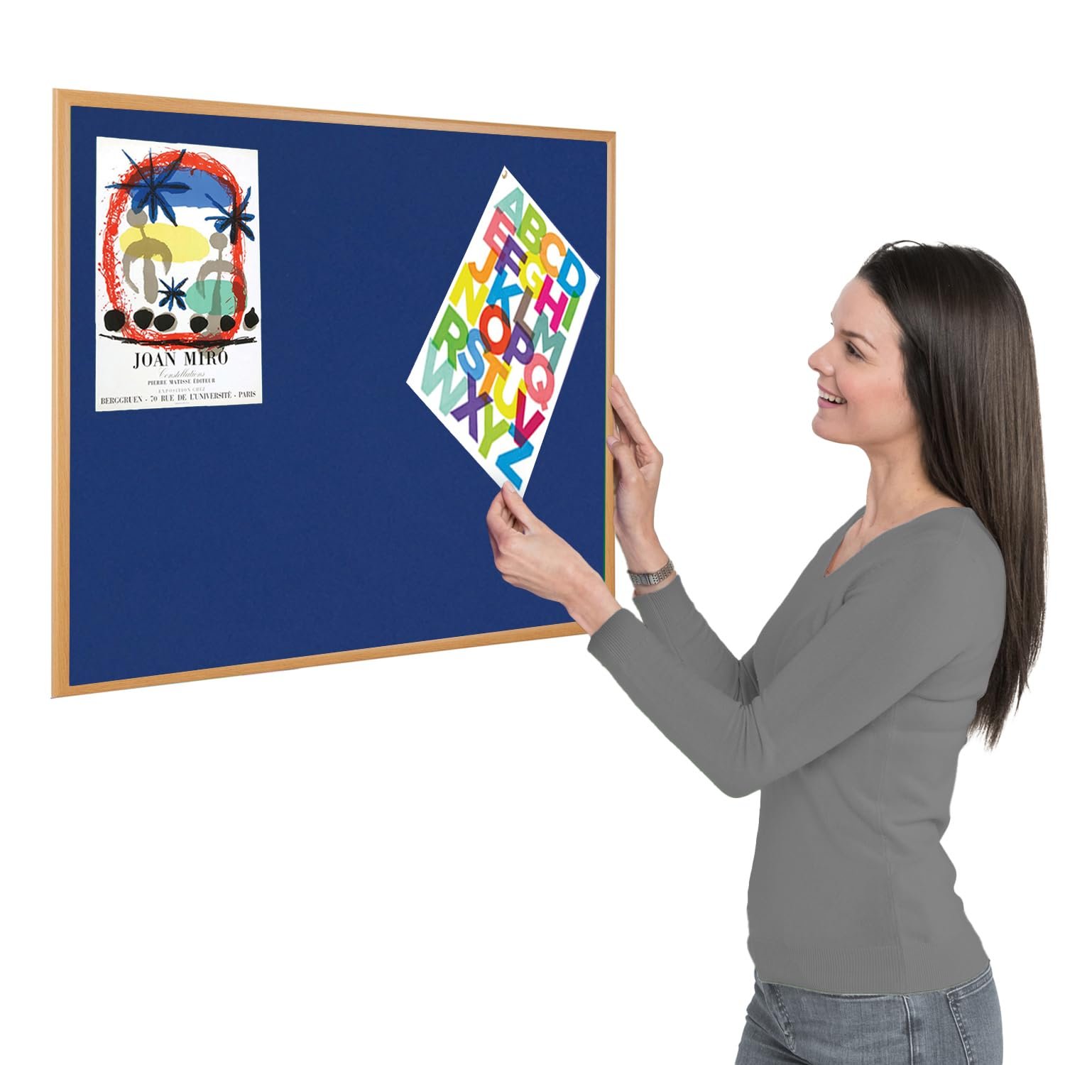 Metroplan Eco-Friendly Blue Felt Noticeboard, 90 x 60 cm, Light Oak Wooden Frame Pinboard - Ideal for Office, School, Healthcare Displays