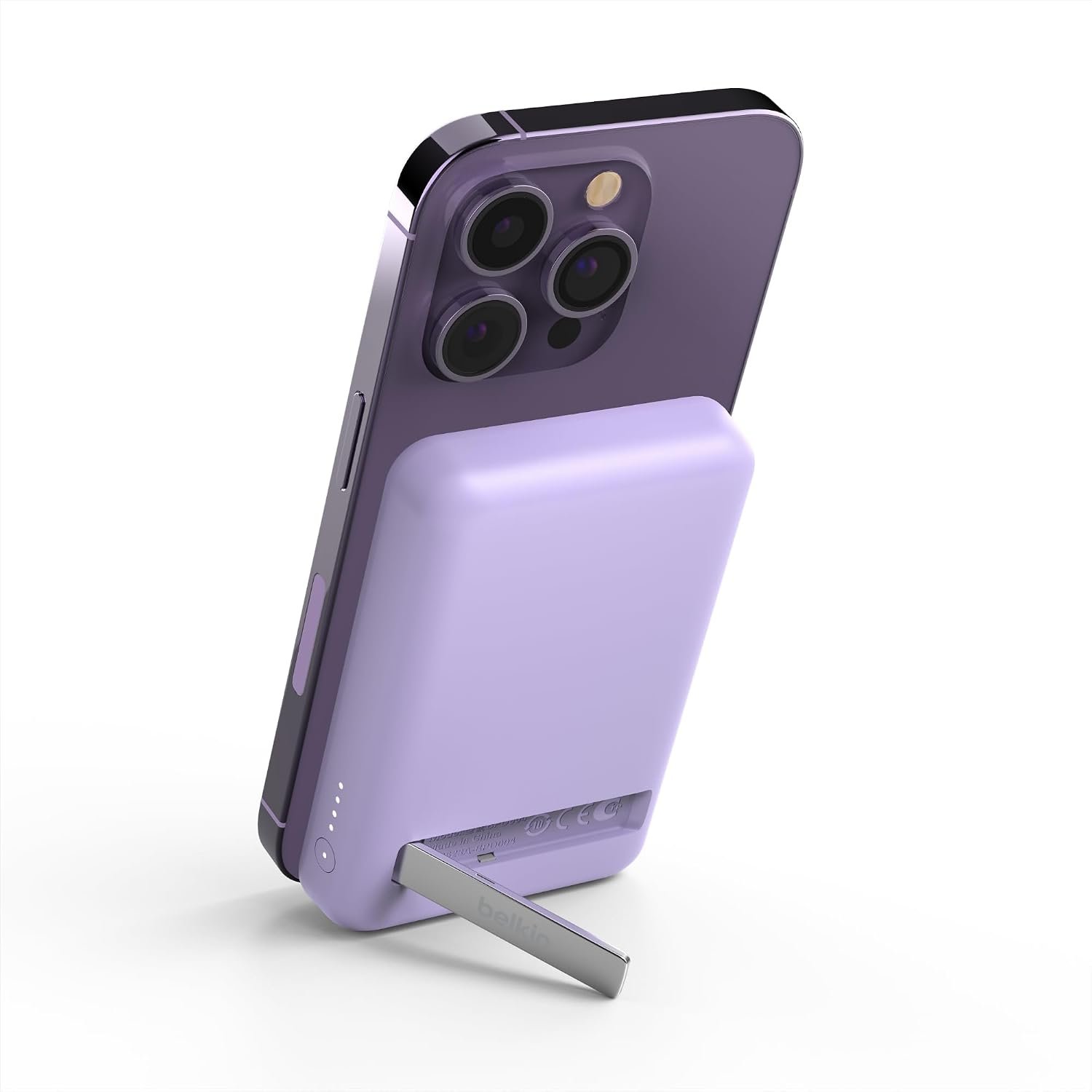 Belkin 5000mAh Magnetic Wireless Power Bank, Portable Charger Compatible with MagSafe with Pass-thru Charging, 7.5W Output, 10W Input and Kickstand, Compatible with iPhone 17, Air, Pixelsnap – Purple