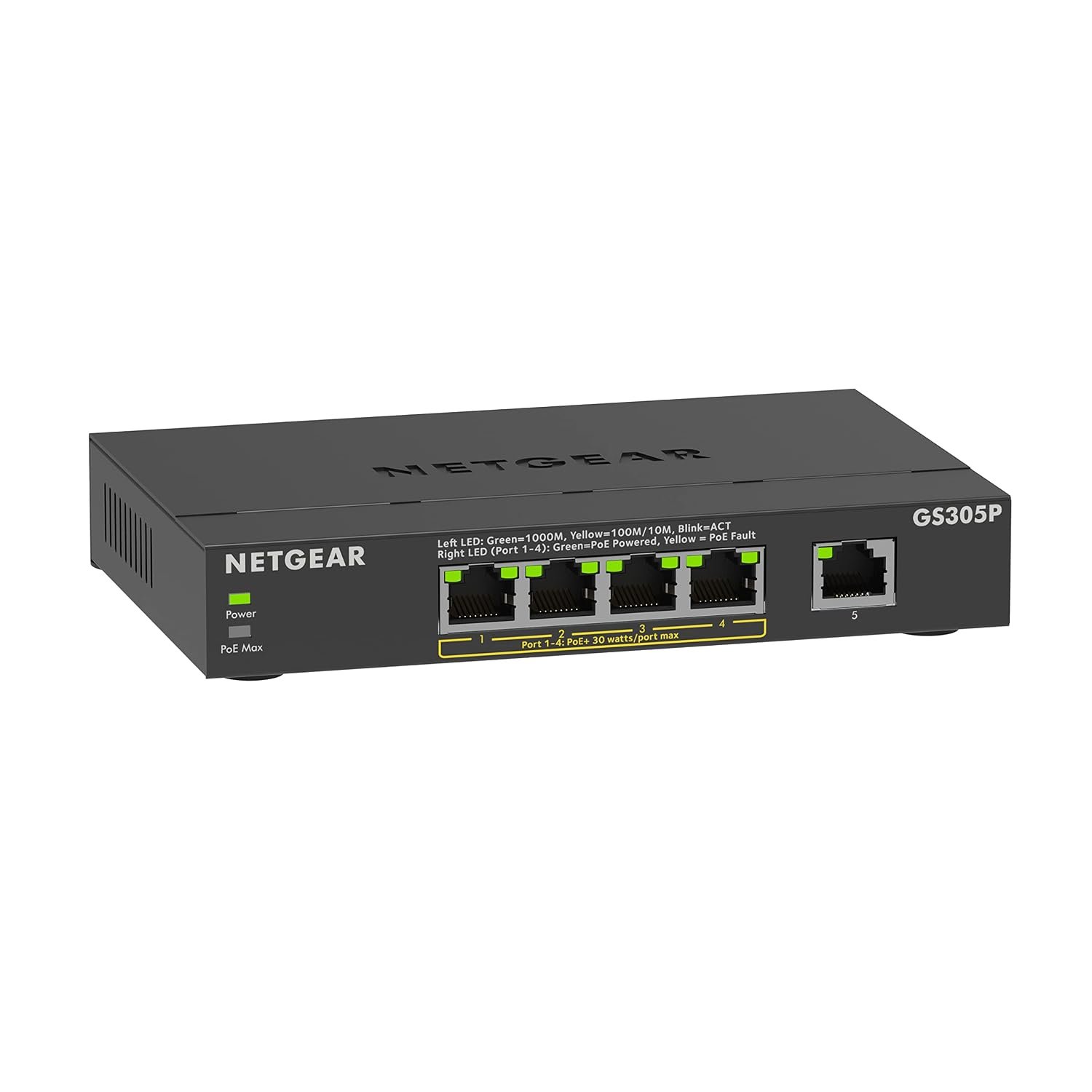 NETGEAR 5 Port PoE Switch (GS305P) | Unmanaged Gigabit Network Switch | Ethernet Splitter | Ethernet Splitter | 4 x PoE+ @ 63W | Desktop or Wall Mount