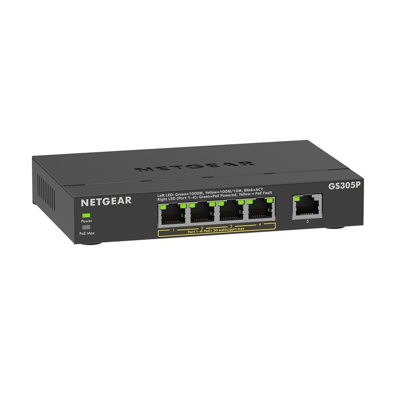 NETGEAR 5 Port PoE Switch (GS305P) | Unmanaged Gigabit Network Switch | Ethernet Splitter | Ethernet Splitter | 4 x PoE+ @ 63W | Desktop or Wall Mount