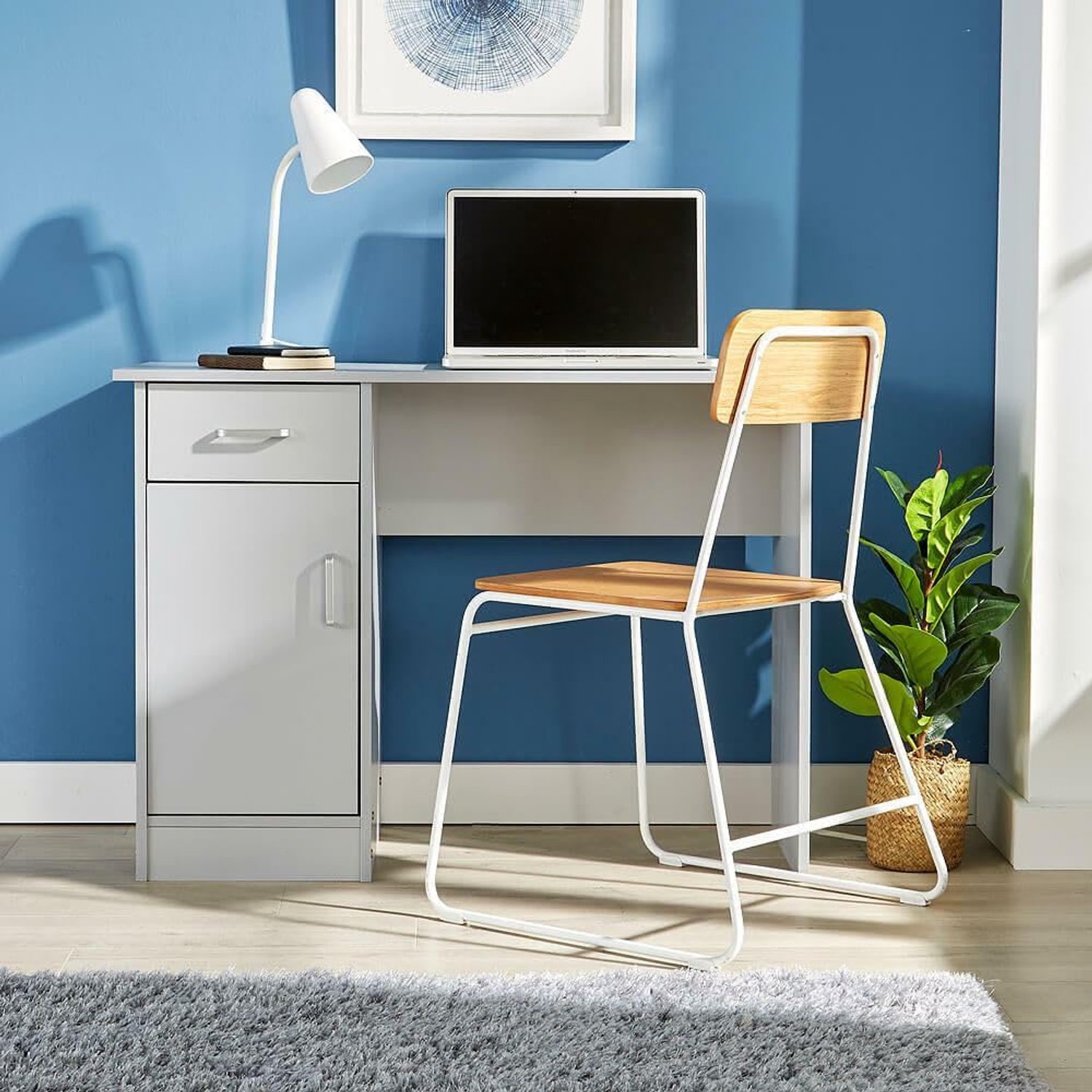 Home Source Tyler Office Desk, 1 Drawer and 1 Door Compact Computer Workstation Table, Grey