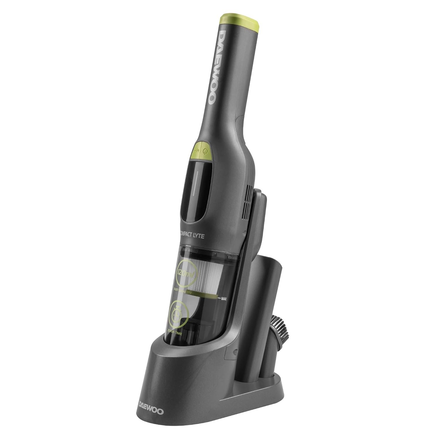 Daewoo Handheld Vacuum Compact Lyte, Cordless, 25 Min Run Time, 120ml Dust Capacity, Storage Base, 2 Speed Settings, Upholstery Brush, Cervical Tool, Washable HEPA Filter, LED Power Indicator