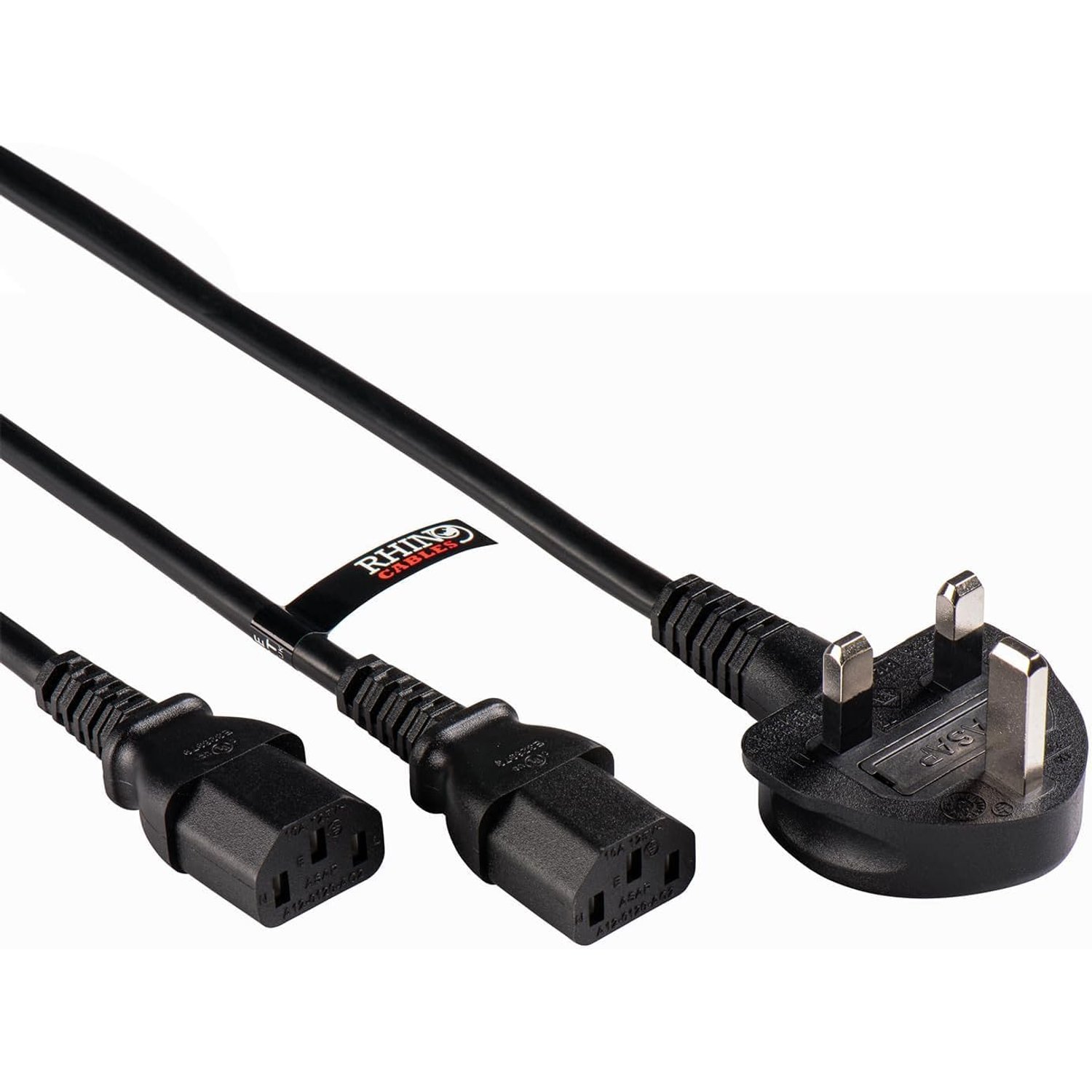 rhinocables IEC C13 Twin Splitter Lead – UK Fused 3-Pin Plug to Dual Mains Connectors for Computers, AV Units & Professional Setups | Durable Cable for Space-Saving Power Delivery (5.5m, Pack of 10)