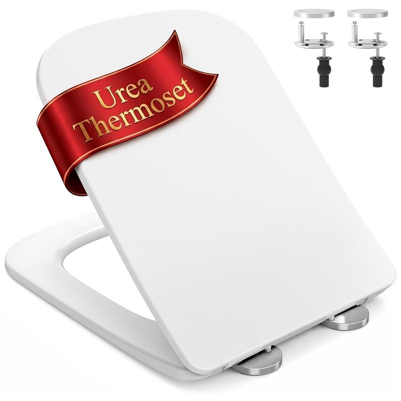 SURFOU Toilet Seat Soft Close, Square-Shaped, Heavy Duty UF/Duroplast, Quick Release for Easy Cleaning, Scratch Resistant, White Bathroom Seat, Supports up to 200 kg, Stable with Rubber Fixings