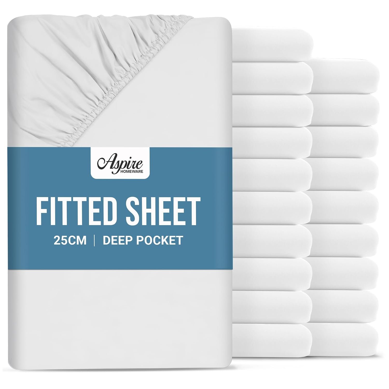 Aspire Homeware Single Fitted Sheet 20 Pack - 25 cm Deep Hotel Quality (White) Bed Sheets - Soft & Breathable Fitted Sheet Single Bed - Anti-Wrinkle Easy Care Bottom Sheets