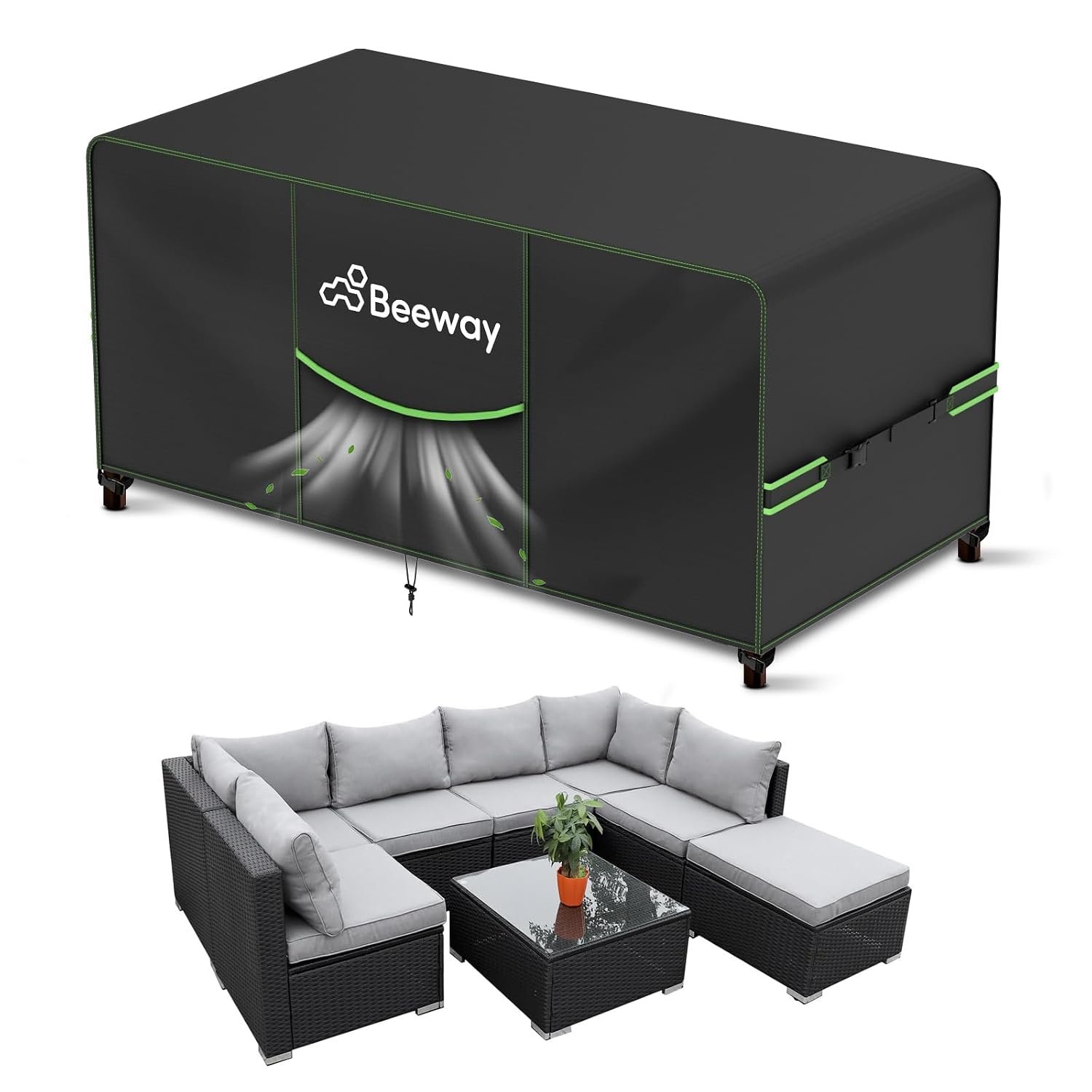 BEEWAY Garden Furniture Cover With Air Vent, Waterproof Patio Rattan Sofa Table Chair Set Cover - 420D Oxford Fabric, Windproof - 300x250x102cm