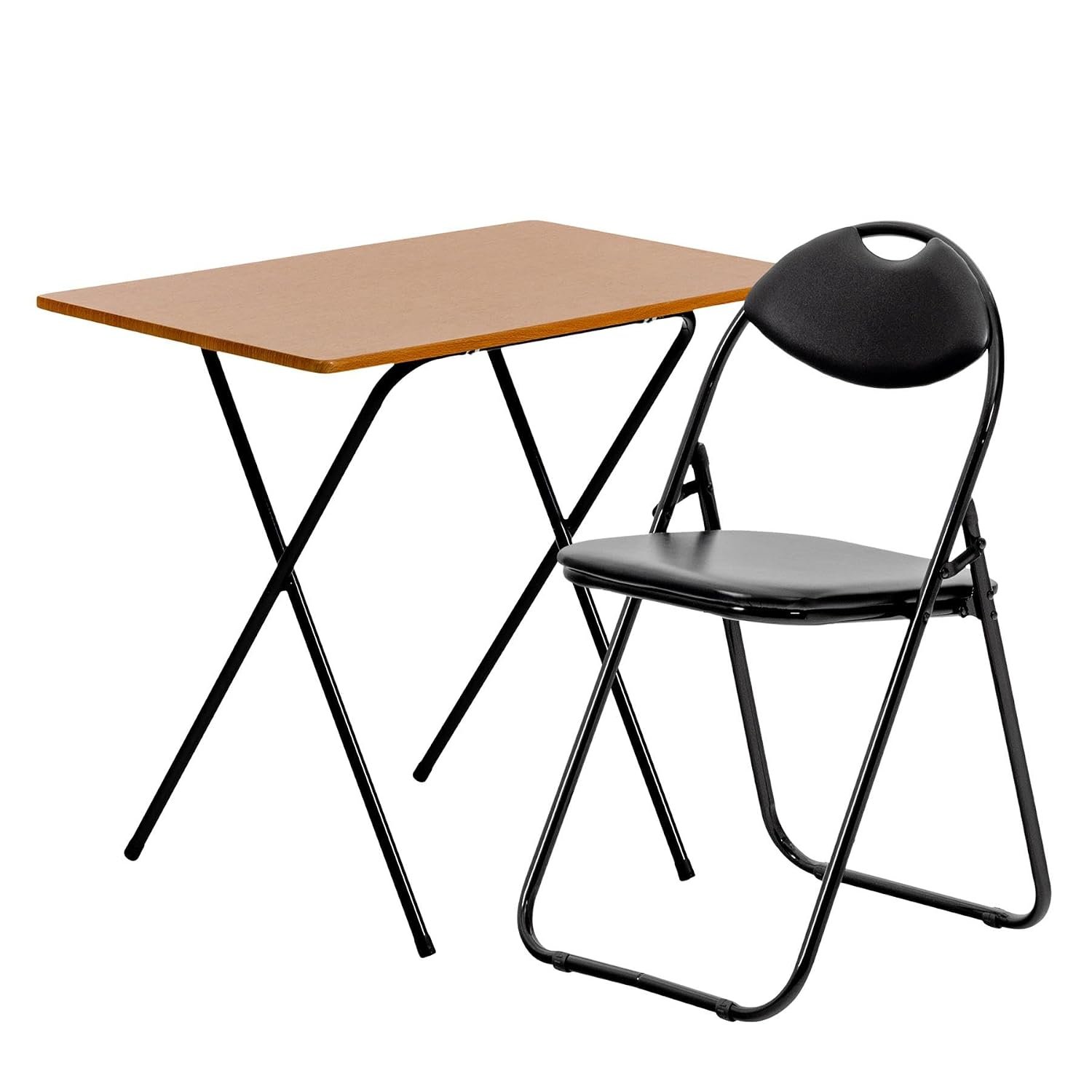 Harbour Housewares Deluxe Folding Wooden Desk & Chair Set - Natural/Black Small Portable Home Office Foldable Desk and Chair Set Workstation for PC, Laptop Study