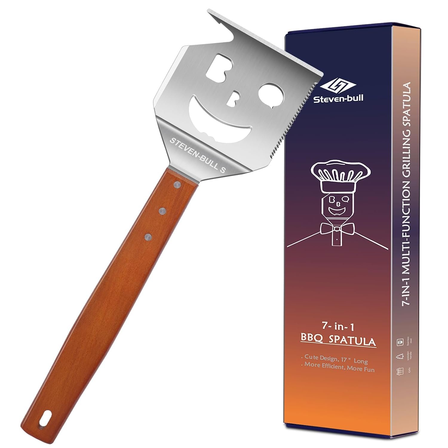 7 in 1 Multifunction BBQ Tool - Outdoor Grill Spatula, Stainless Steel, Wooden Handle - Best BBQ Gifts for Men