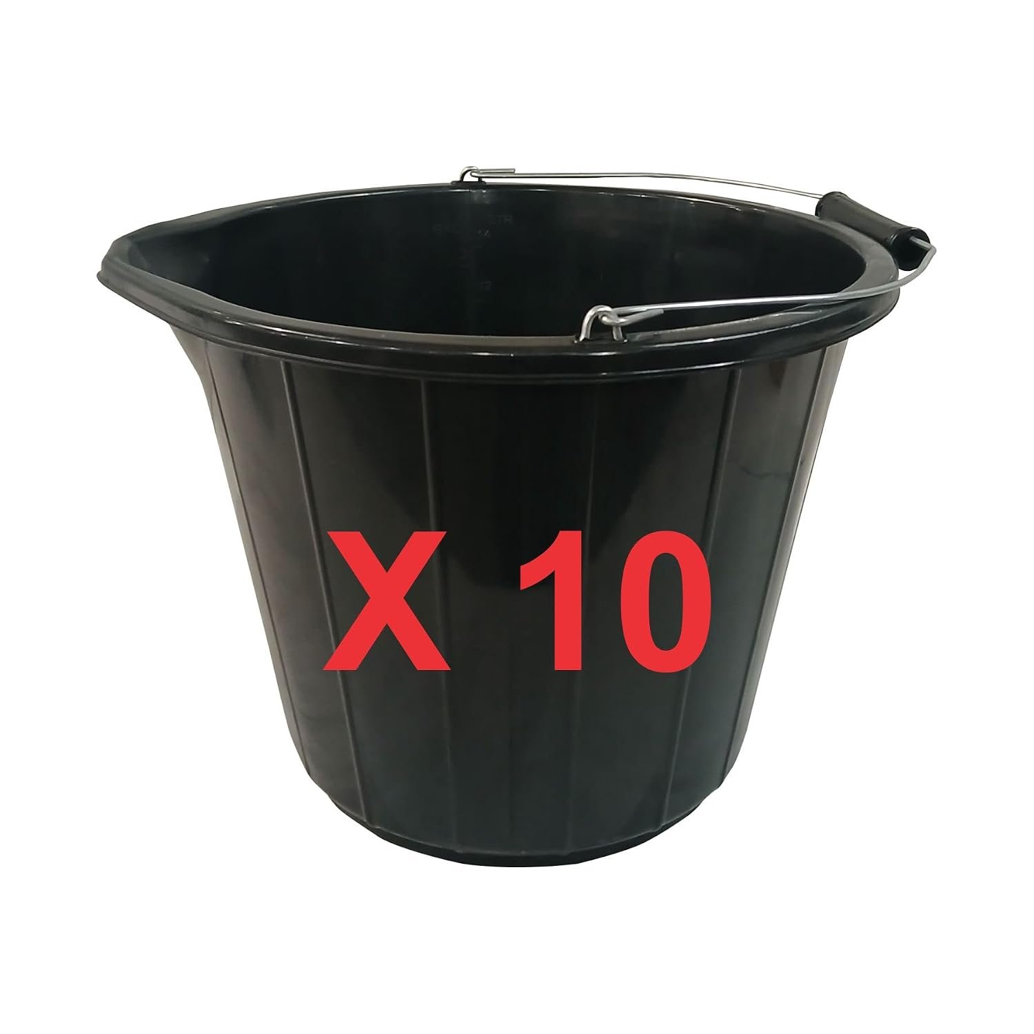 RelianceUK 10 X 14L (3 Gallon) Black Plastic Builders Buckets with Metal Handles | Heavy Duty Buckets for Garden, Car Wash, Cement Mixing, Water Storage | (14 Litre / 10 Pack)