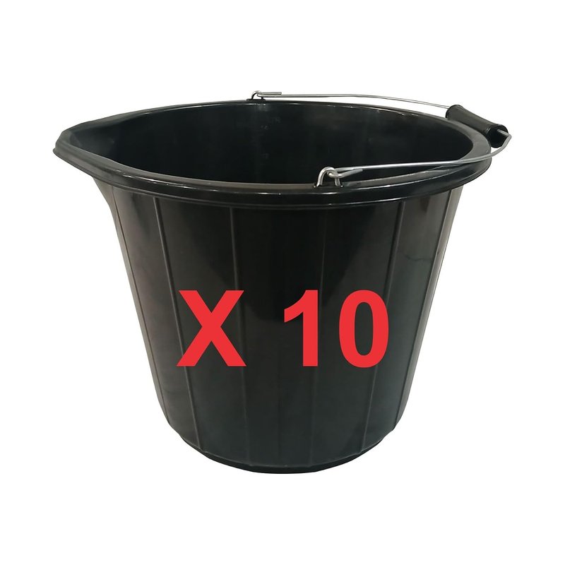 RelianceUK 10 X 14L (3 Gallon) Black Plastic Builders Buckets with Metal Handles | Heavy Duty Buckets for Garden, Car Wash, Cement Mixing, Water Storage | (14 Litre / 10 Pack)