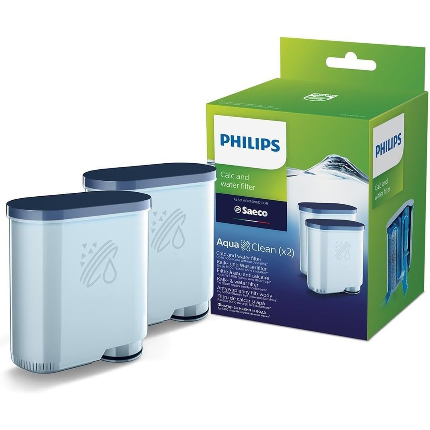 Philips AquaClean Water Filter – No Descaling Up to 5000 Cups, Prolongs Machine Lifetime, Micro-Porous Filtration, 2-Pack (CA6903/22)