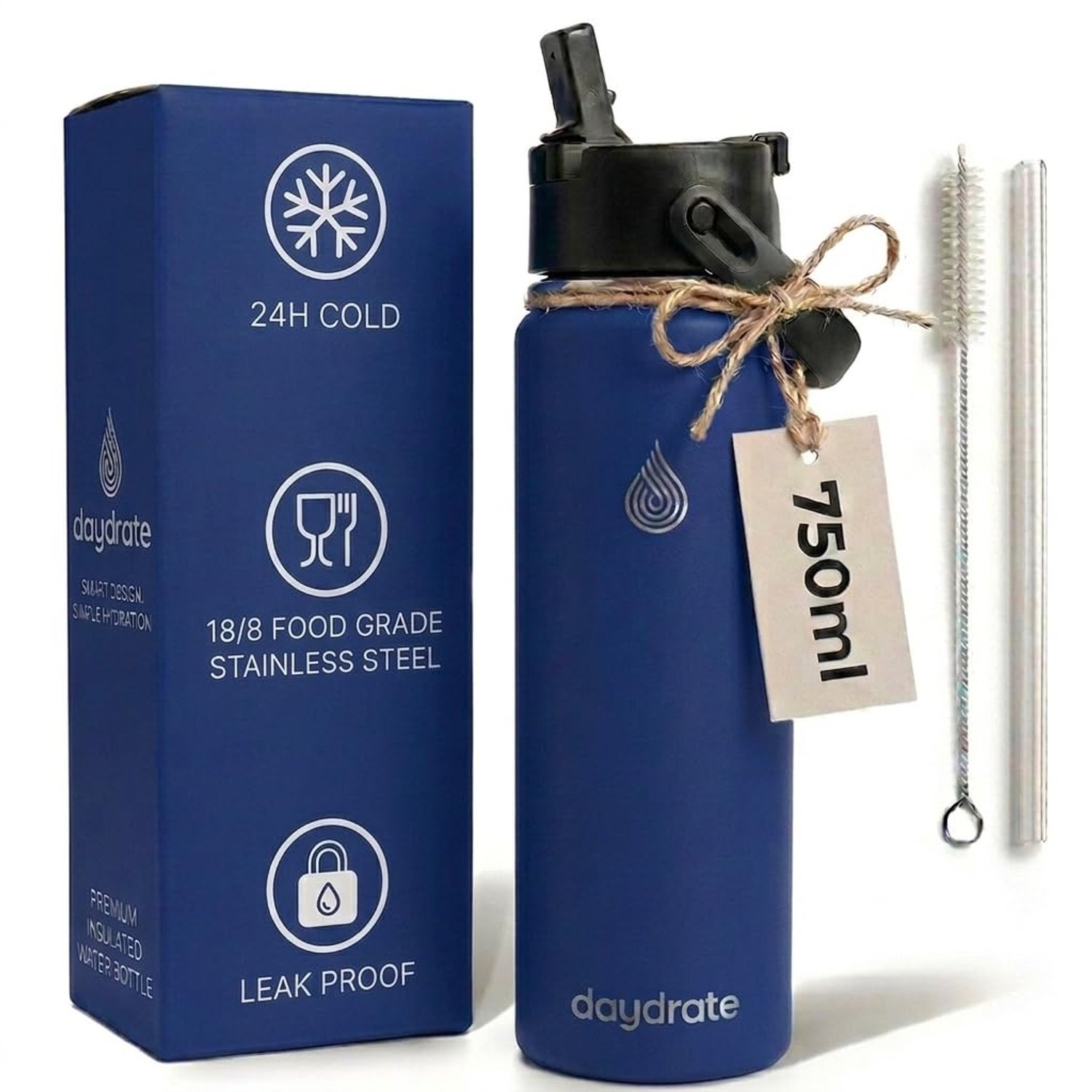daydrate Insulated Metal Water Bottle with Straw 750ml- Stainless Steel Water Bottle, BPA Free, Dual Lid Straw & Spout, Leakproof, 24 Hours Cold & Hot, Work, Travel, Gym Bottle for Men & Women - Blue