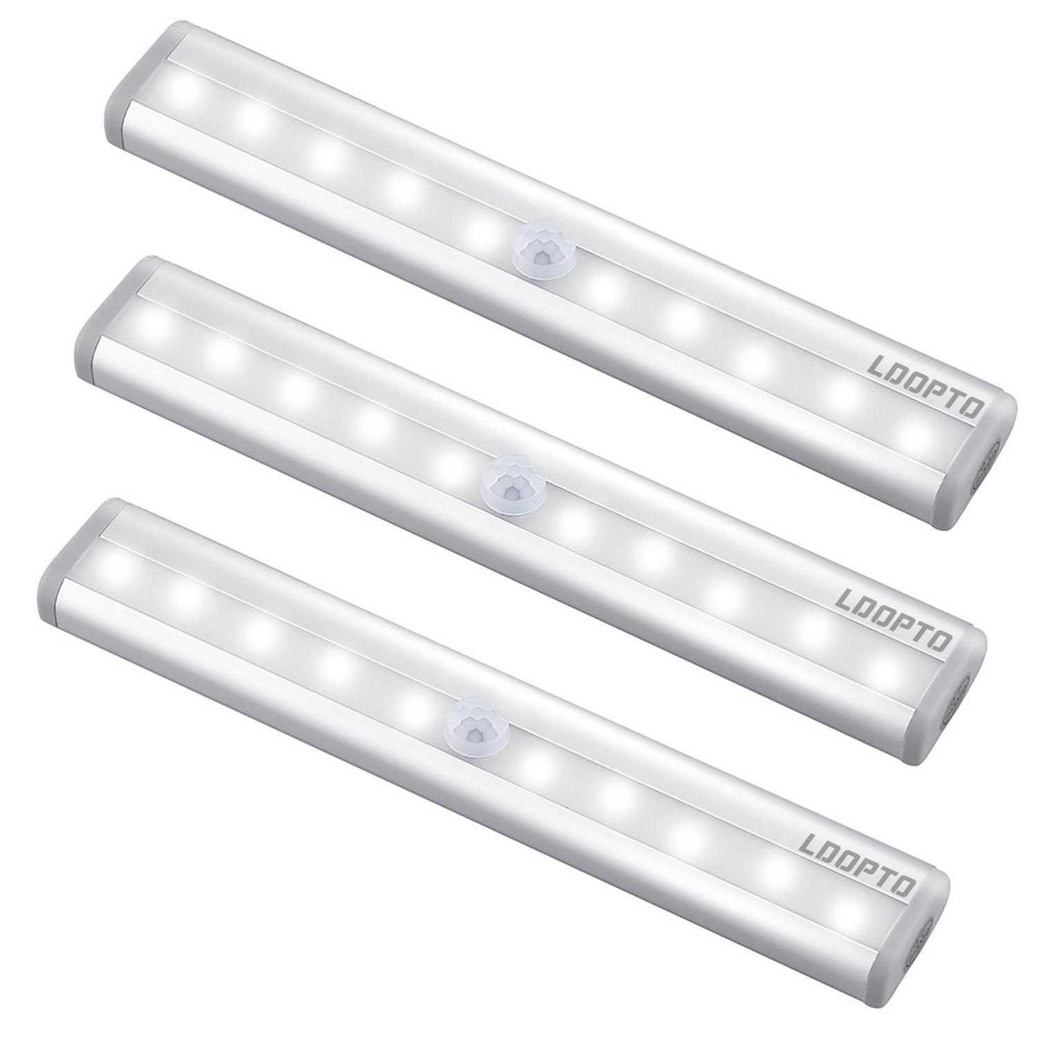 LDOPTO Motion Sensor LED Lights, 10 LED Battery Operated Motion Light, Stick-On Anywhere Magnetic Night Light Bar for Under Cabinet, Closet, Hallway, Stairway, Wardrobe, Kitchen, Vanity, 3 Pack