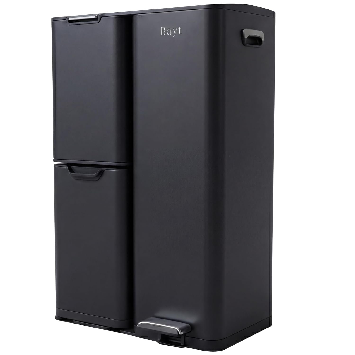 Bayt Kitchen Bin 60L - Black Stainless Steel Pedal Bin with 3 Compartments | 30L, 17L & 13L Kitchen Recycling and Waste Separation | Dual Trash Can for Home and Office