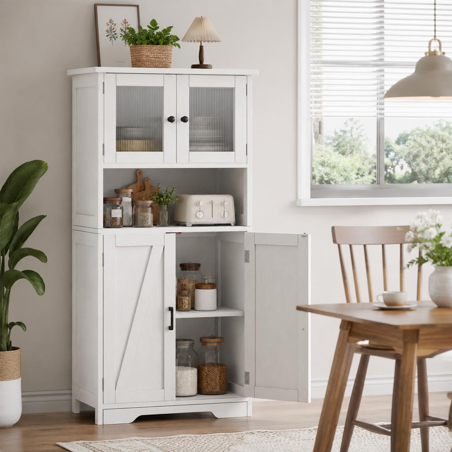 GarveeMore Kitchen Cabinet, Kitchen Cupboard with Glass Doors and Adjustable Shelves, Wooden Floor Cupboard with 4 Doors for Kitchen and Living Room Storage, White