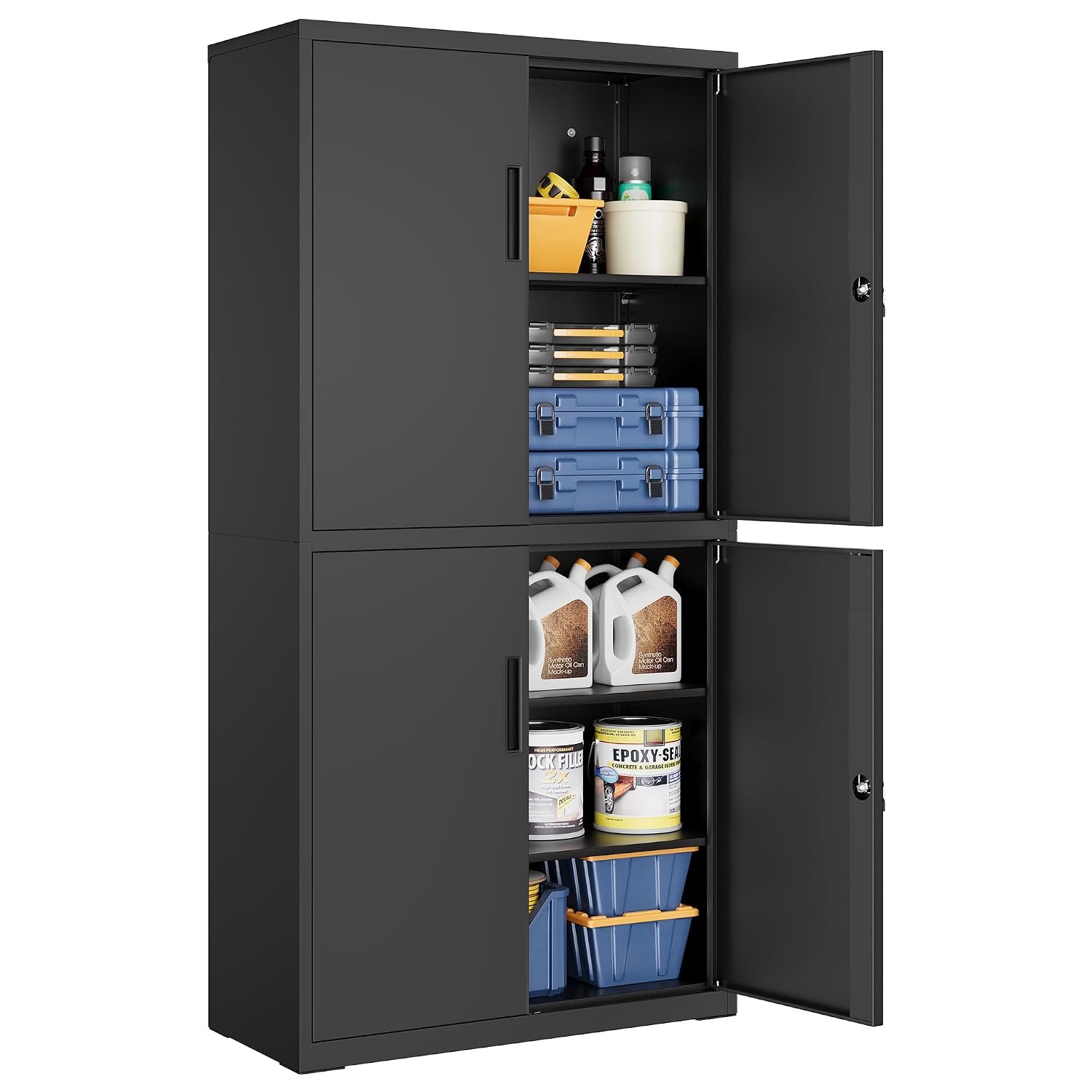 SONGMICS Metal Garage Storage Cabinet, Multipurpose Office File Cabinet with 4 Doors and 5 Shelves, 40 x 80 x 180 cm, Lockable, with 2 Locks, Adjustable Shelves, Matte Grey OMC016G01