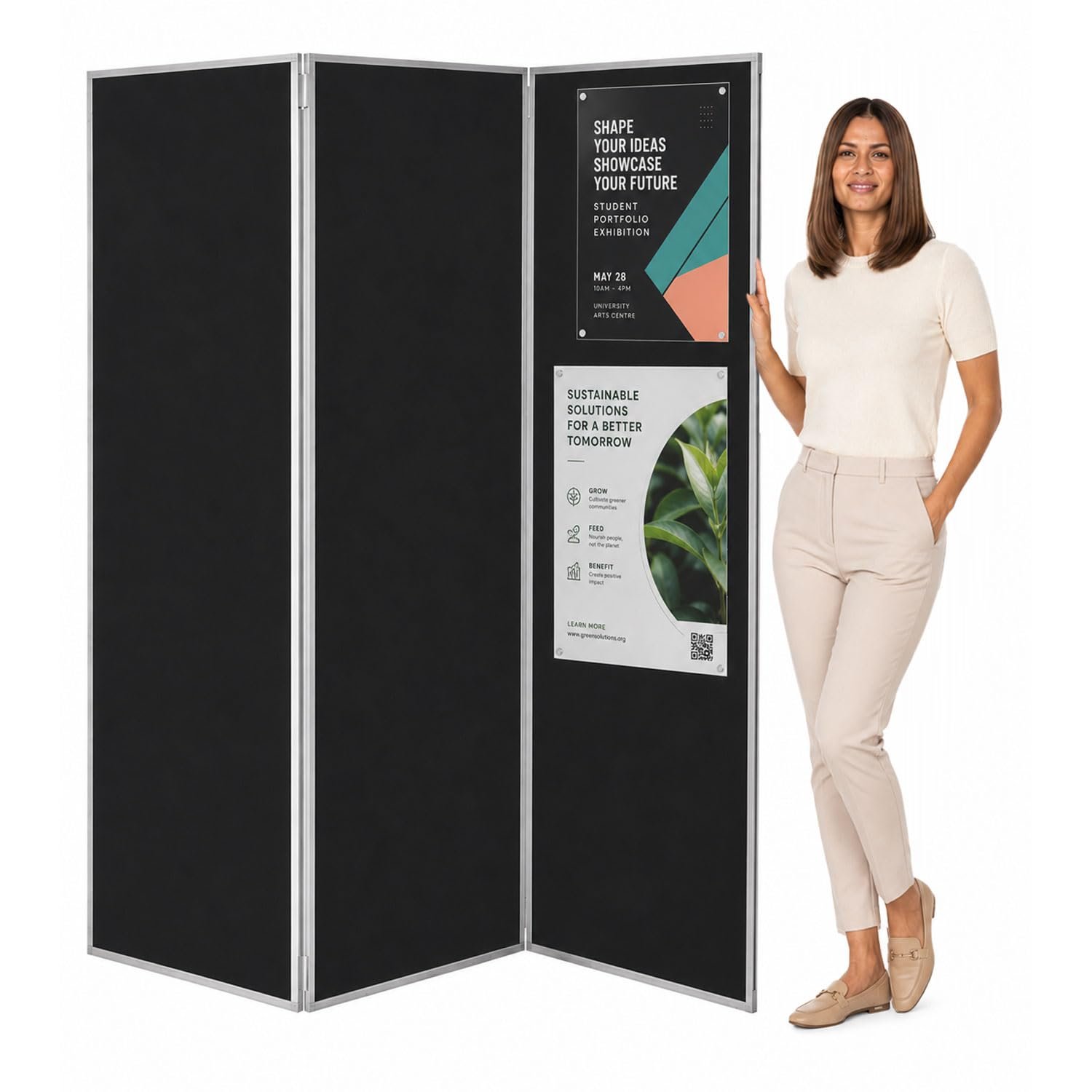 Wonderwall Concertina Freestanding 3 Panel Display Board, Black, 180 x 180 cm, Partition Display Screen, Lightweight PVC Grey Frame - for Schools, Office, Library, Healthcare