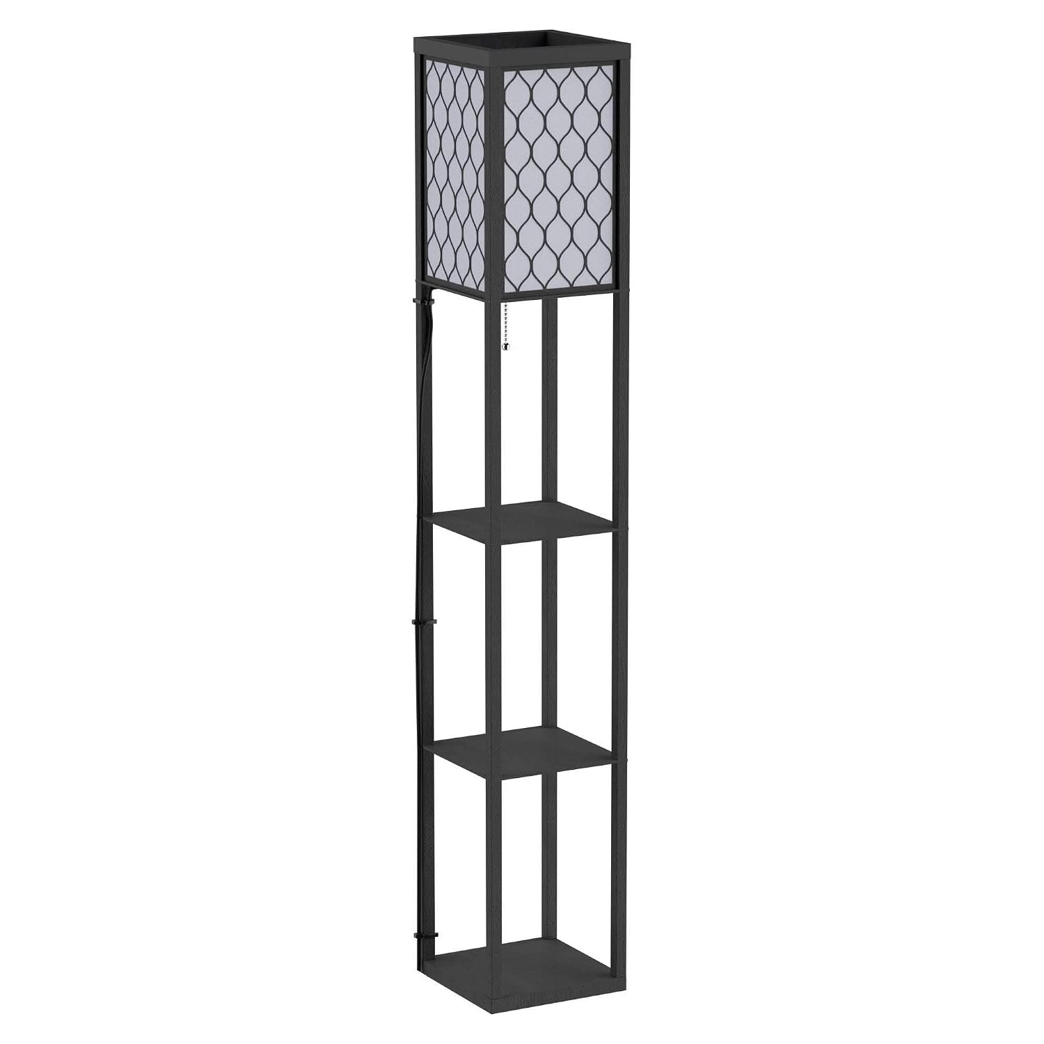 HOMCOM Floor Lamp with Shelves, Modern Tall Standing Lamps with Fabric Lampshade, Chain Switch and Single Light for Living Room, Bedroom, Bulb not Included, Black