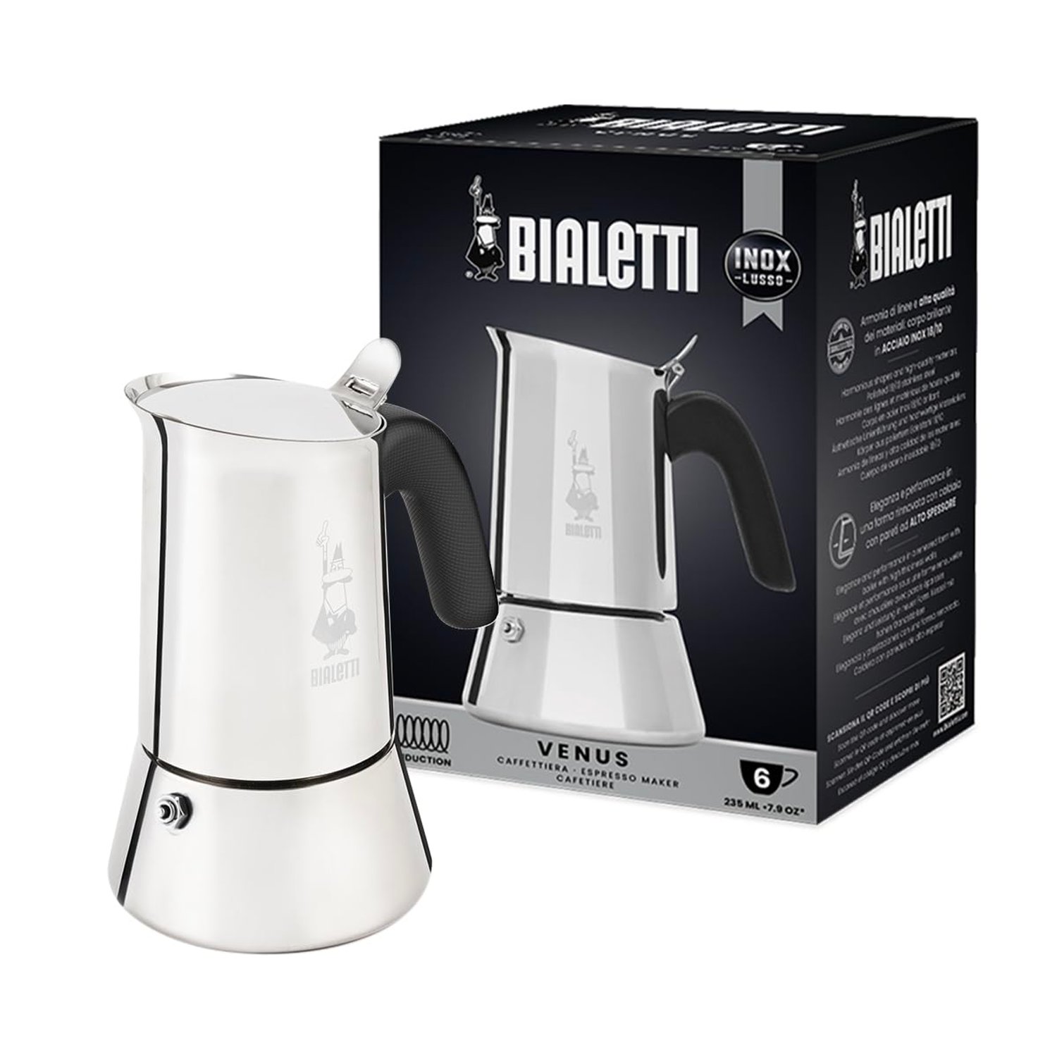 Bialetti - New Venus Induction, stainless steel hob espresso coffee maker, suitable for all heat sources, 6 cups, aluminum, silver