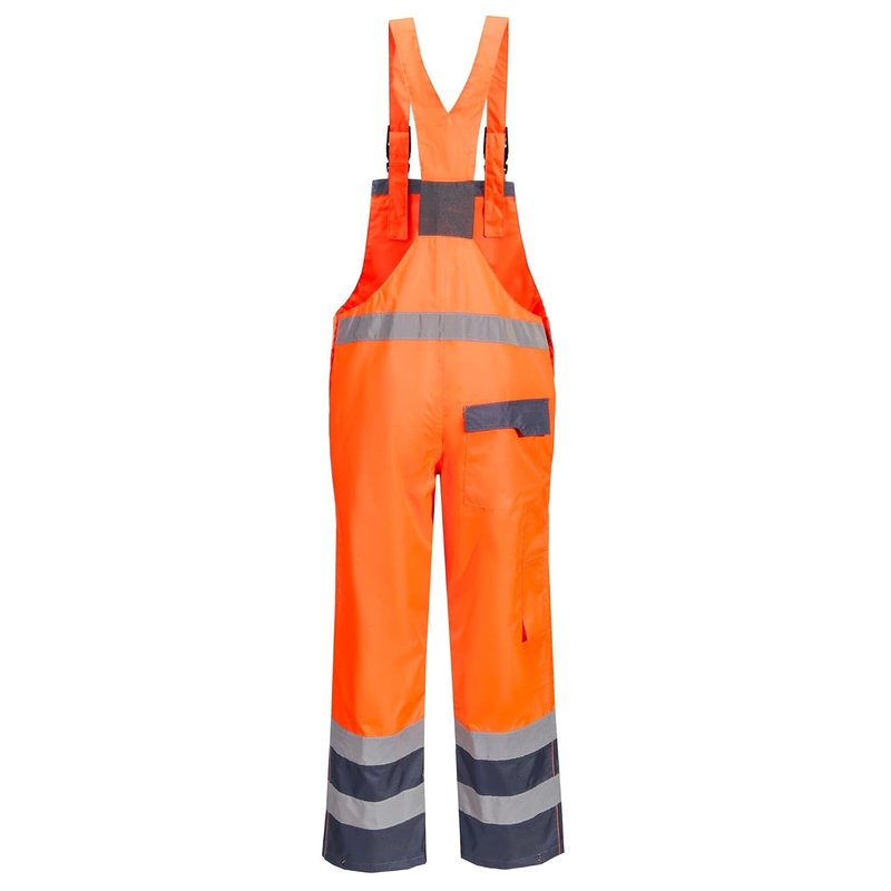Portwest S488 Waterproof Bib and Brace Overalls Hi Vis Mens Waterproof Work Trousers Overtrousers Rain Dungarees Reflective Utility Pockets, Orange/Navy, XL