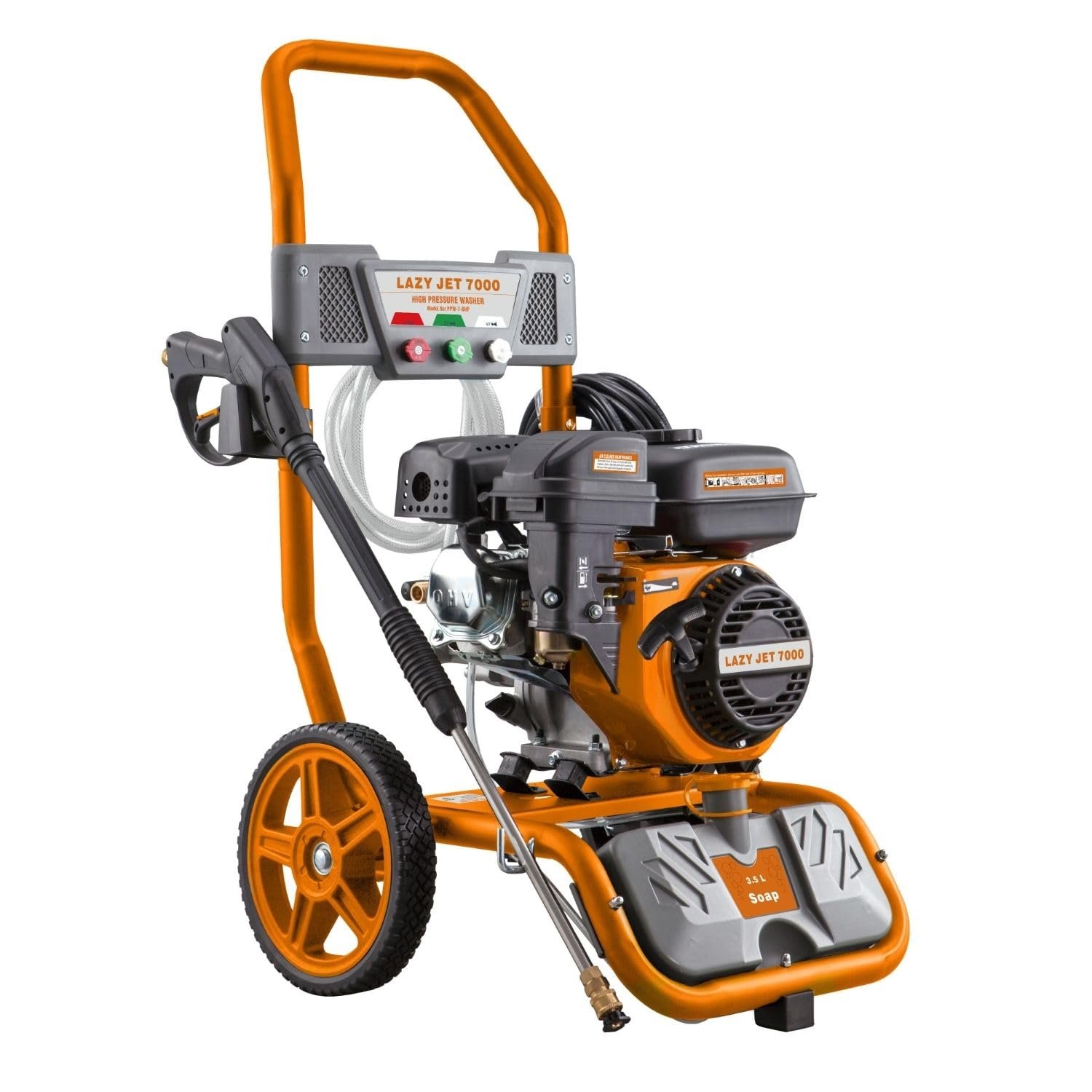 Petrol Pressure Washer - 8M Hose with 4 Spray Nozzles - 3.5L Detergent Tank - 185 Bar, 8L / Min Flow Rate - 7BHP Petrol Engine - Driveway/Patio/Path/Vehicles