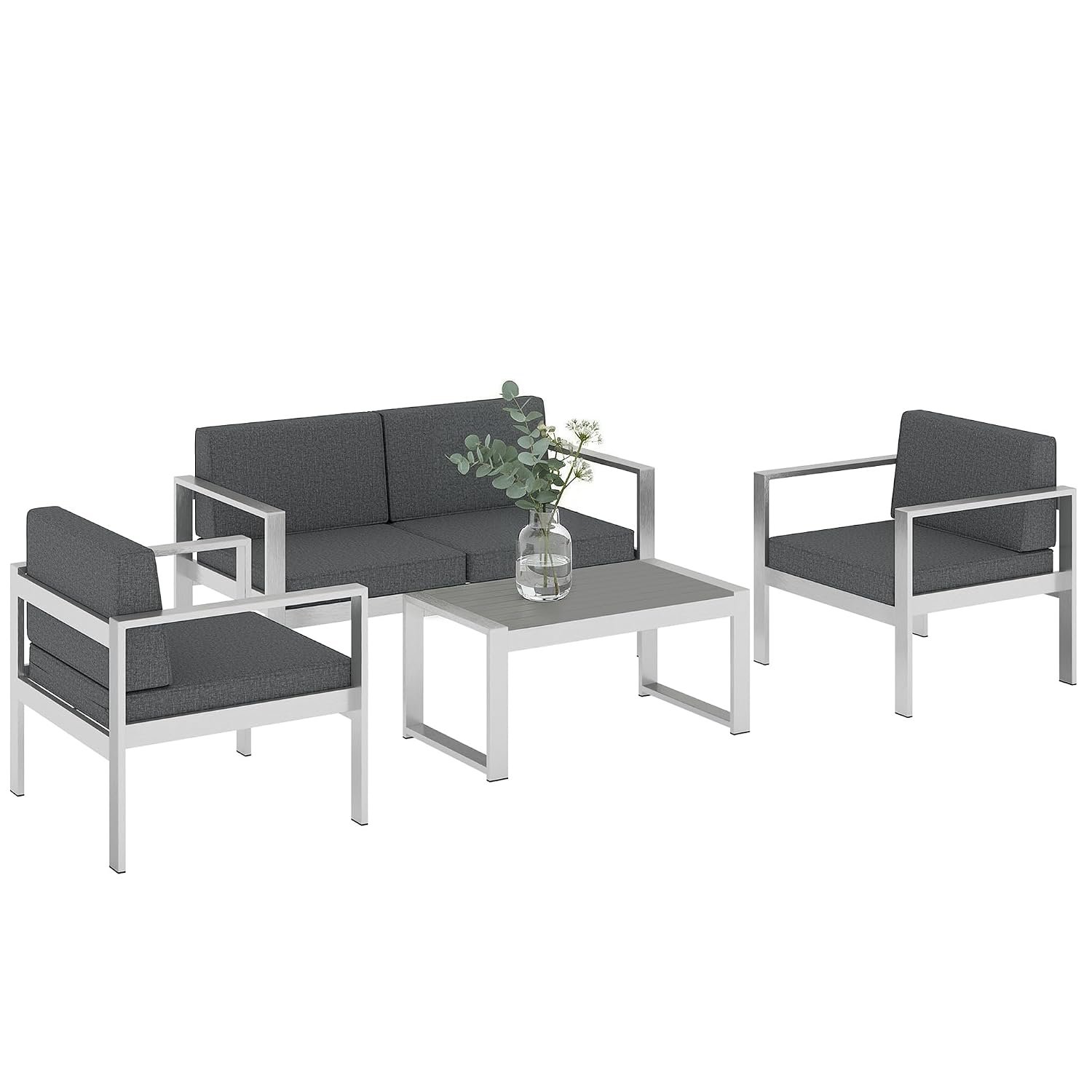 Outsunny 4 Seater Aluminium Garden Furniture Set, Olefin Cushions, Extra Wide Deep Garden Sofa Set with Loveseat, 2 Chairs, Faux Wood Table, Brushed Outdoor Furniture Conversation Sets, Dark Grey