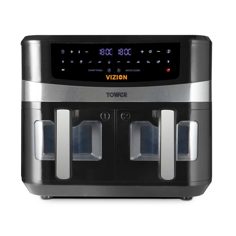 Tower T17100 Vortx Vizion 9L Double Basket Air Fryer with Digital Control Panel and 10 One-Touch Preplays, Black