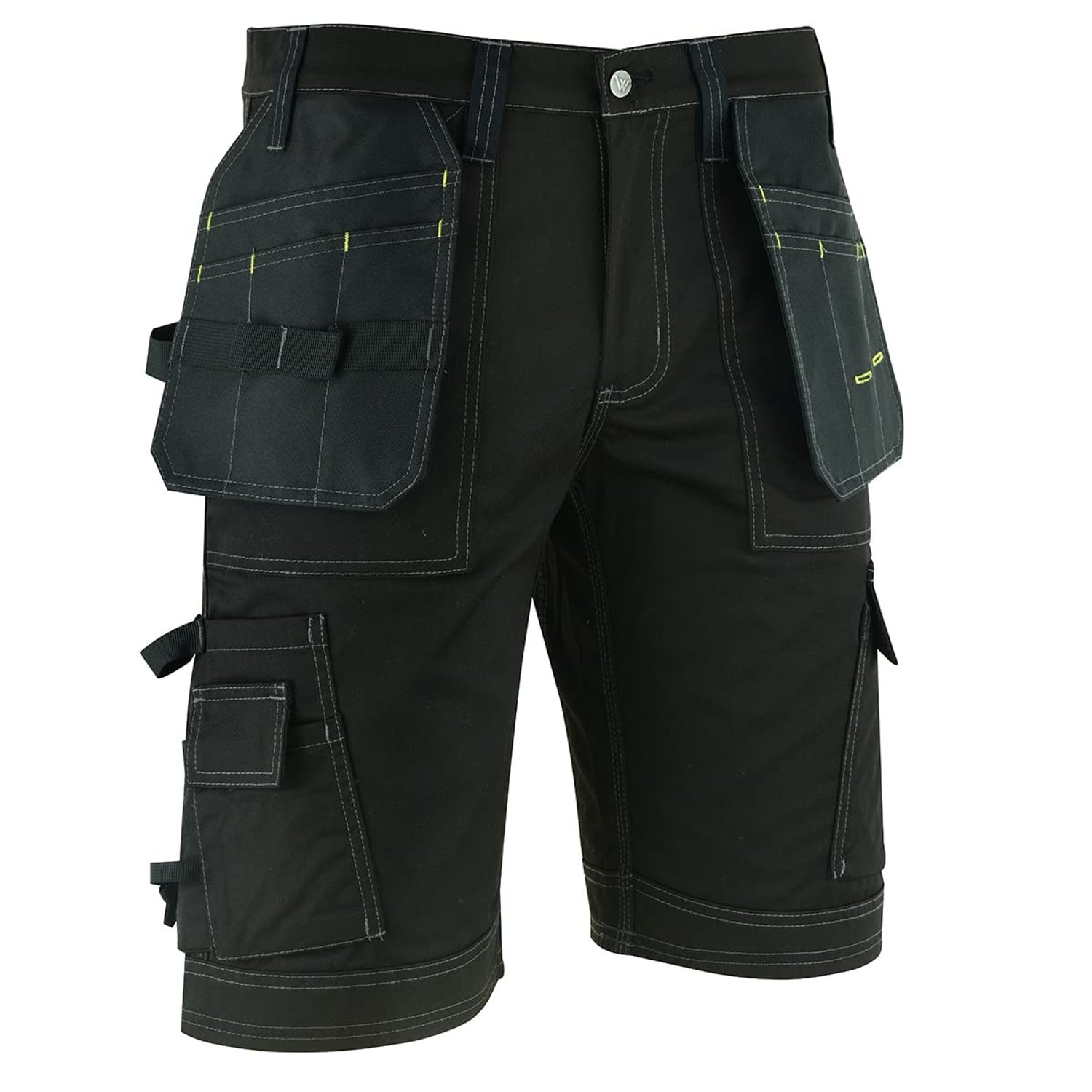 WrightFits Pro Builder Work Shorts Men - Black - Heavy Duty Safety Combat Cargo Summer Shorts – Multi Holster Pockets - Triple Stitched Durable Workwear (34W)