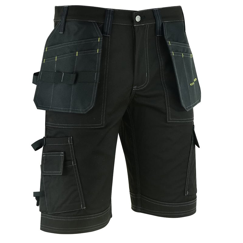 WrightFits Pro Builder Work Shorts Men - Black - Heavy Duty Safety Combat Cargo Summer Shorts – Multi Holster Pockets - Triple Stitched Durable Workwear (34W)