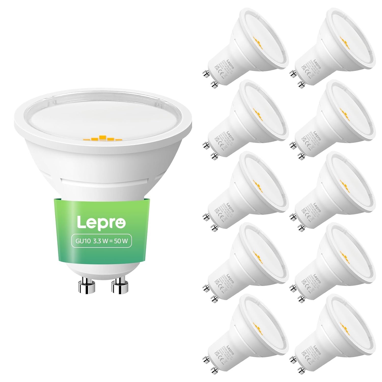 Lepro GU10 LED Bulbs, Warm White 2700K, A Energy Class, 590LM, 3.3W (50W Equivalent), 100° Wide Beam Angle, 50000H Long Life, Energy Saving LED Spotlight Bulb, Non-Dimmable, Pack of 10