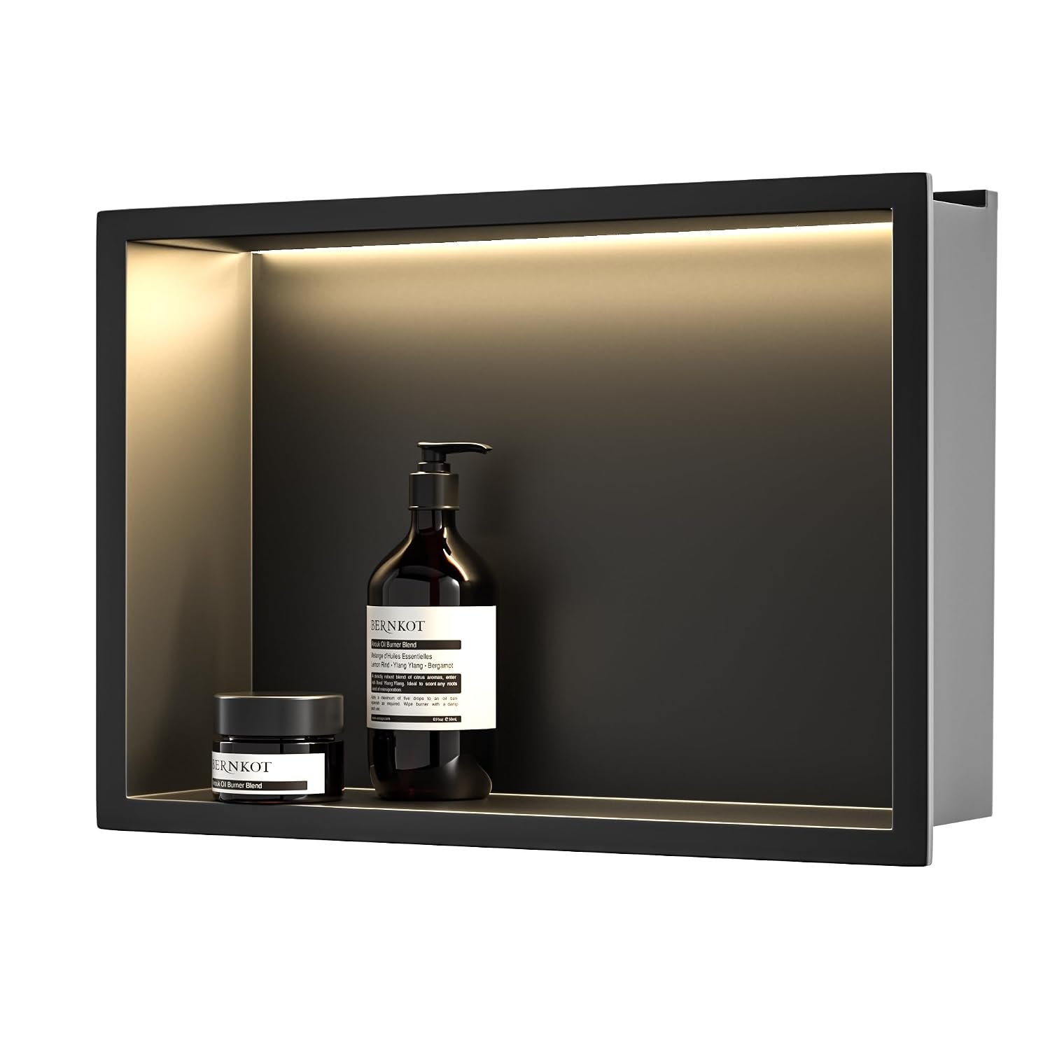 Bernkot Wall Mounted Stainless Steel Shower with LED, Built-In Shower Shelf, Double Layer, Bathroom Niche, 60cm x 30cm, No Tile Needed, Black