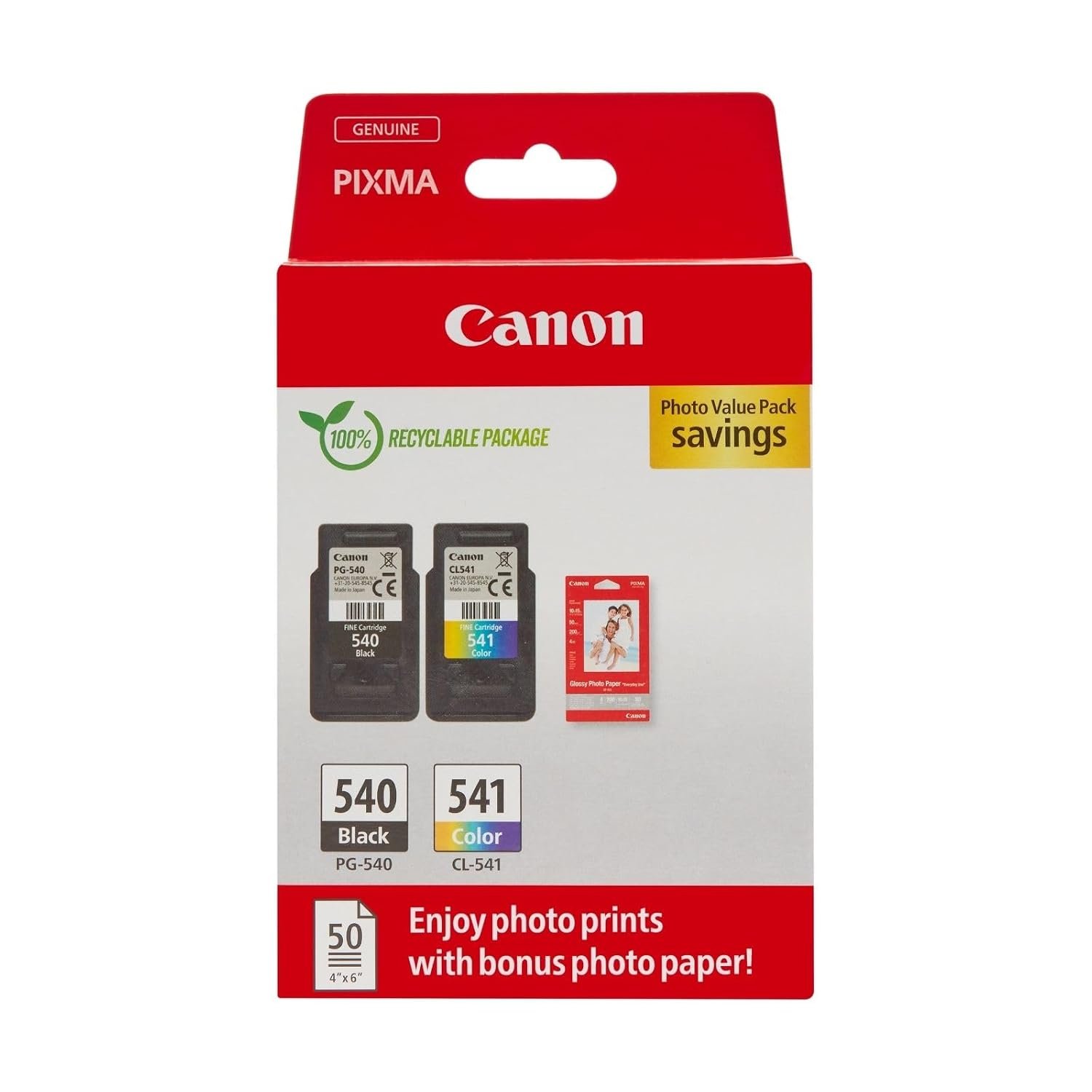 Canon Ink & Paper Multipack - PG-540/CL-541 Genuine Printer Ink Cartridges 2 Pack (1 Black, 1 Colour) & 4x6 Photo Paper (50 x Sheets) For PIXMA TS5150, TS5151, MG3650s, MG4250, TS5100