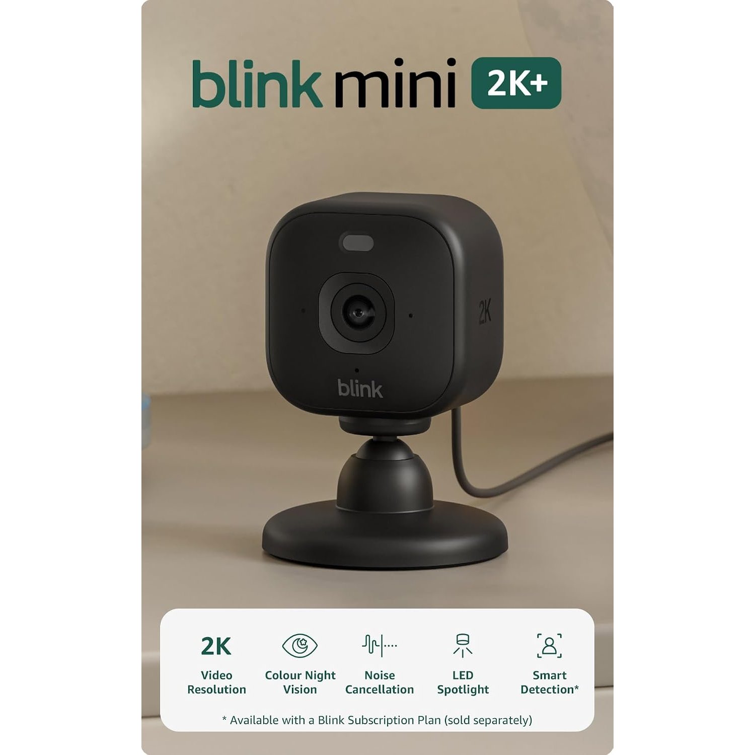 Blink Mini 2K+ (newest gen) Indoor Plug-in Home Security Camera | Pet camera with 2K video resolution | 4x Zoom | Colour night vision | Works with Alexa | 1 camera – Black