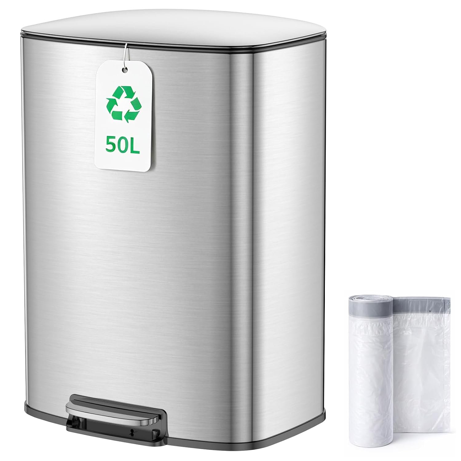 YEAUPE PRO Kitchen Bin 50L, Pedal Bin with Soft-Close Lid, Stainless Steel Rubbish Bin for Recycling and Waste with Handle, Removable Inner Buckets Trash Can, with 15 Bin Liners, Space Silver