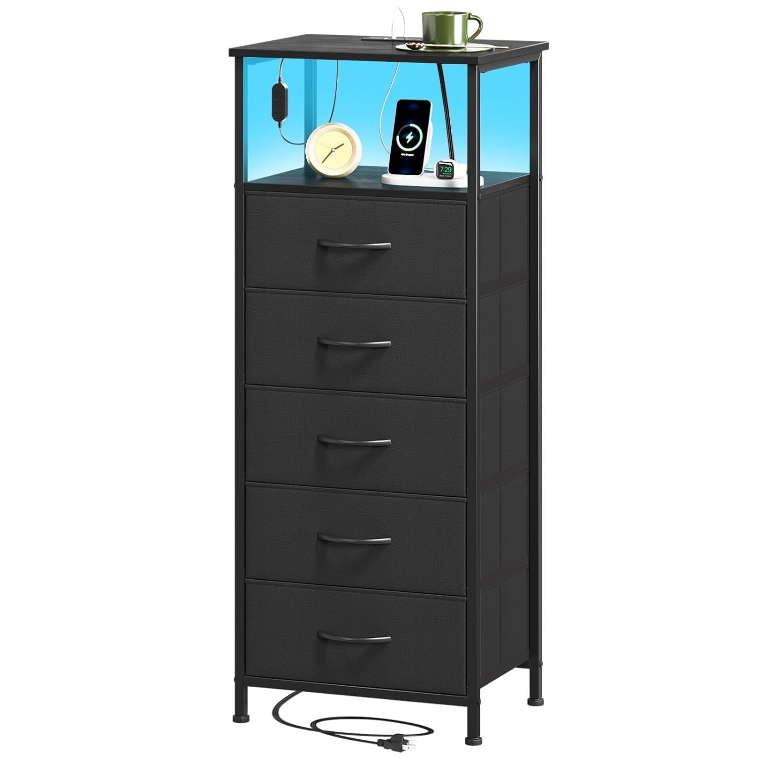 Somdot Tall Chest of Drawers for Bedroom with Charging Station and LED Light, 5 Drawers Storage Unit with 2 Outlets and 2 USB Ports for Kids Dorm Living Room Closet, Black
