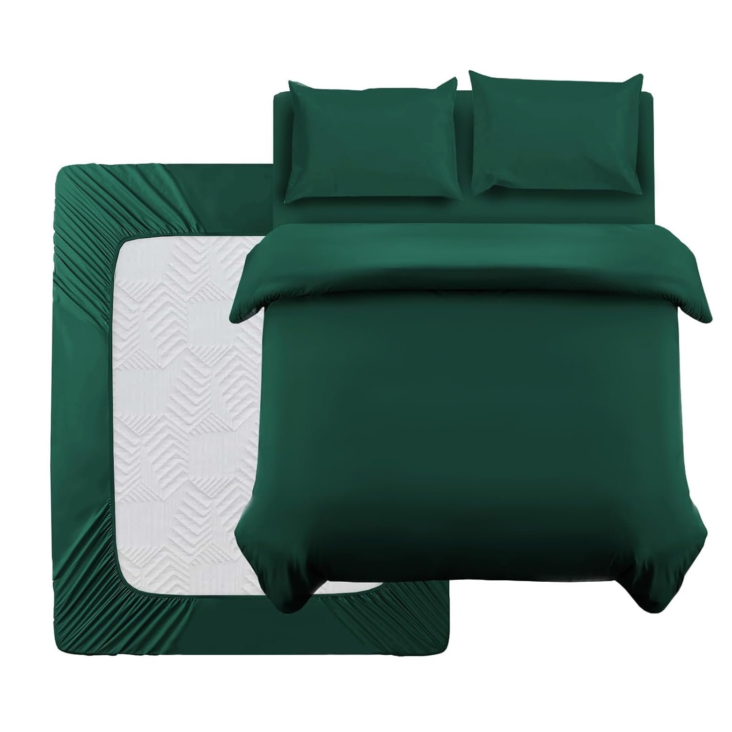 Oxford Homeware Double Duvet Set Emerald Brushed Microfiber 4 Piece Double Bedding Set with Fitted Sheet and Pillowcases Soft Breathable Duvet Cover Sets