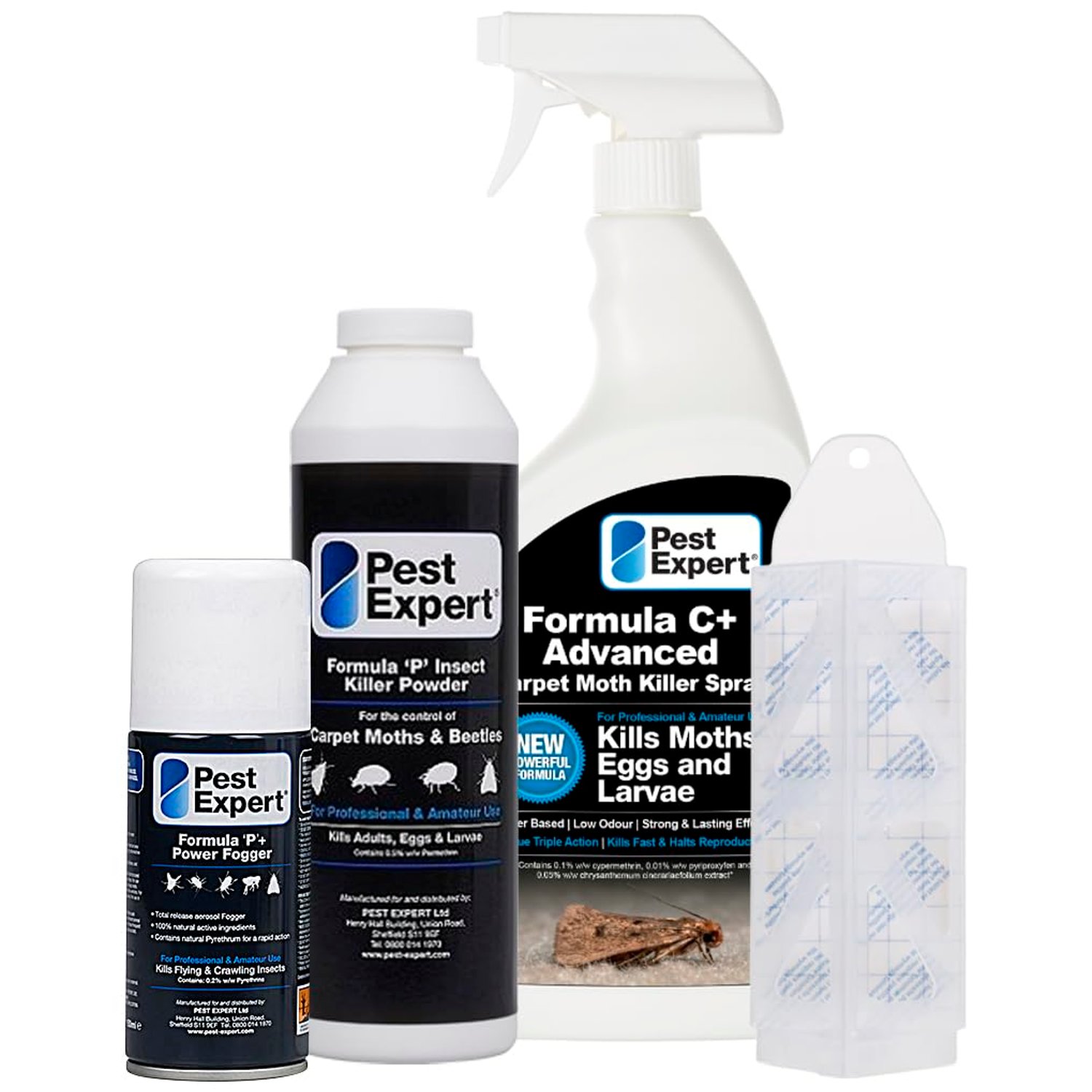 Pest Expert Carpet Moth Killer Kit - Pest Expert Formula C+ 1L, Carpet Powder 300g, Moth Fogger Bomb 150ml & Moth Traps – Standard Kit for Maximum Strength Treatment & Control
