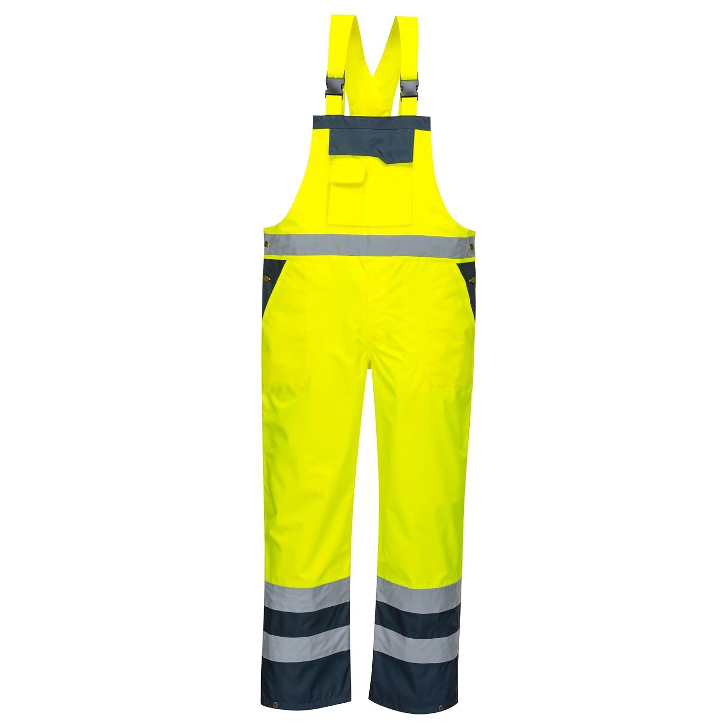 Portwest S488 Waterproof Bib and Brace Overalls Hi Vis Mens Waterproof Work Trousers Overtrousers Rain Dungarees Reflective Utility Pockets, Yellow/Navy, XS