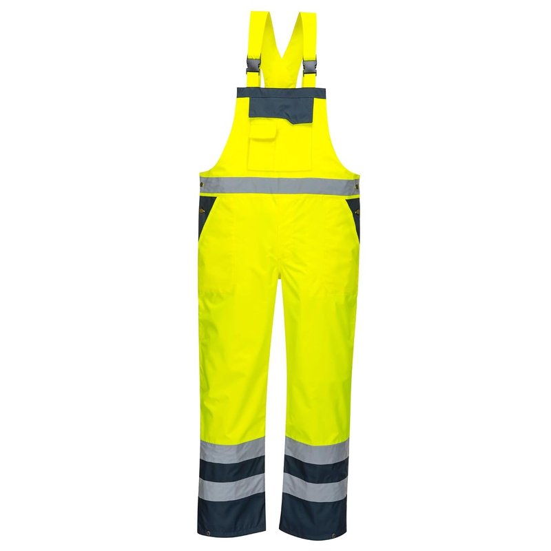Portwest S488 Waterproof Bib and Brace Overalls Hi Vis Mens Waterproof Work Trousers Overtrousers Rain Dungarees Reflective Utility Pockets, Yellow/Navy, XS