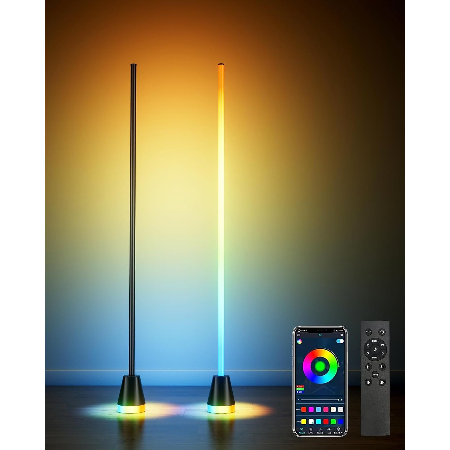rhinowisdom 2 Pack RGB Corner Floor Lamp with APP & Remote, 65" LED Floor Lamp with APP and 16 Million Colors, 300+ Preset Scenes, Music Sync - Mood Lighting for Living Room, Bedroom