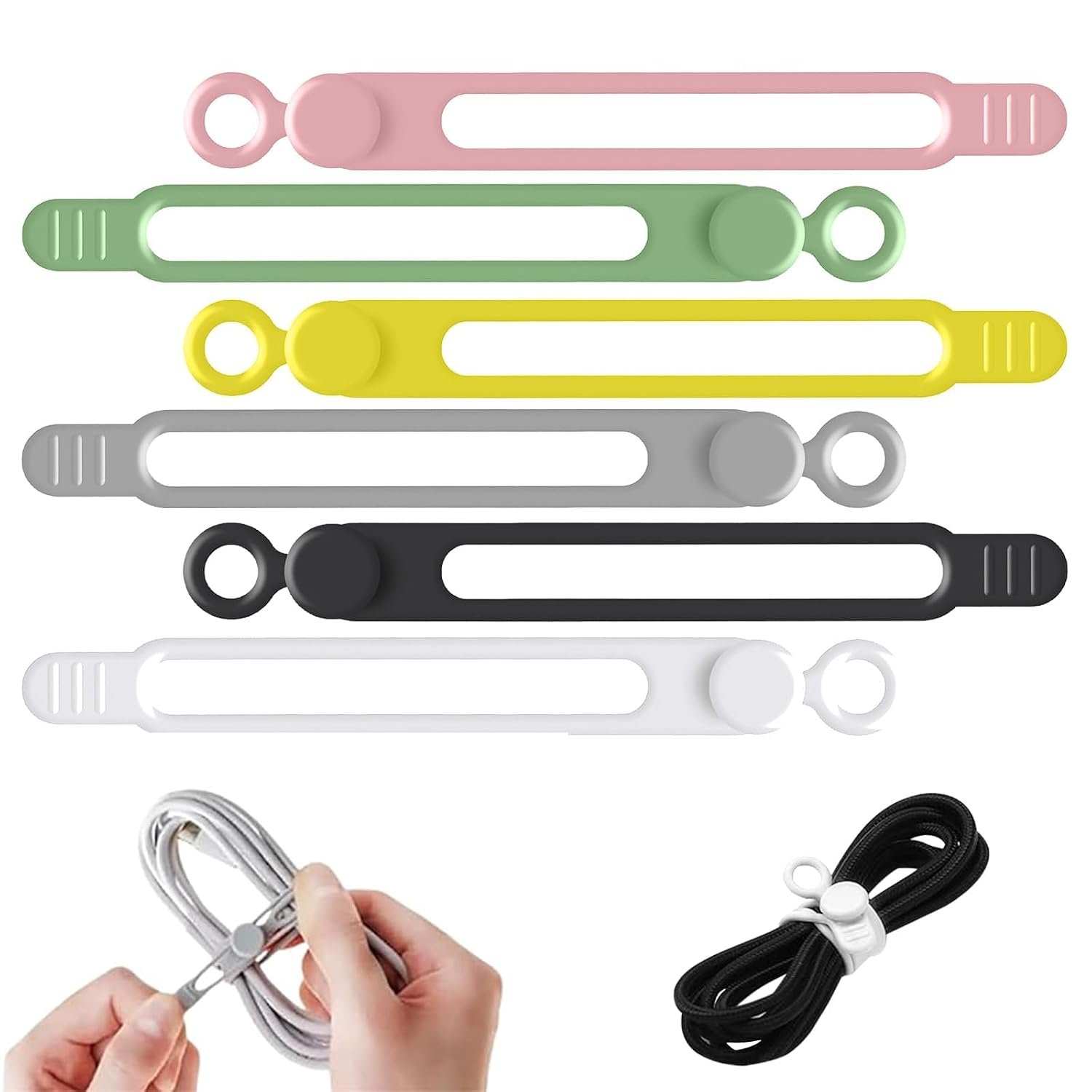Data Cable Organizer, Elastic Reusable Silicone Cable Straps Cord Organizer for Bundling and Fastening Earphone, Phone Charger (6 PCS)