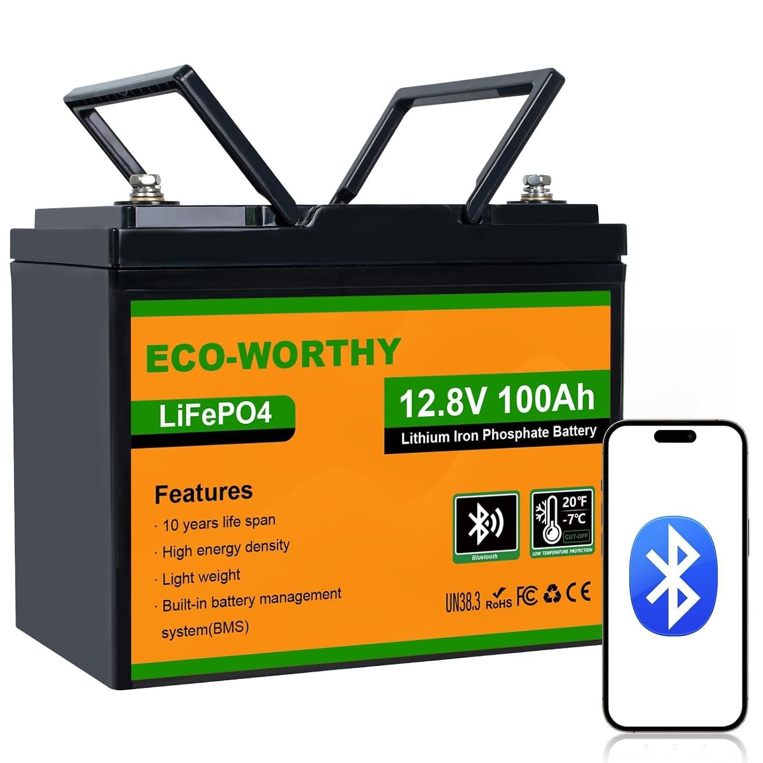 ECO-WORTHY 12V 100AH LiFePO4 Battery, 1280Wh Energy with Bluetooth & Low-Temp Cut off,Built-in 100A BMS,for Motorhomes,Campervan,Narrowboat,Solar