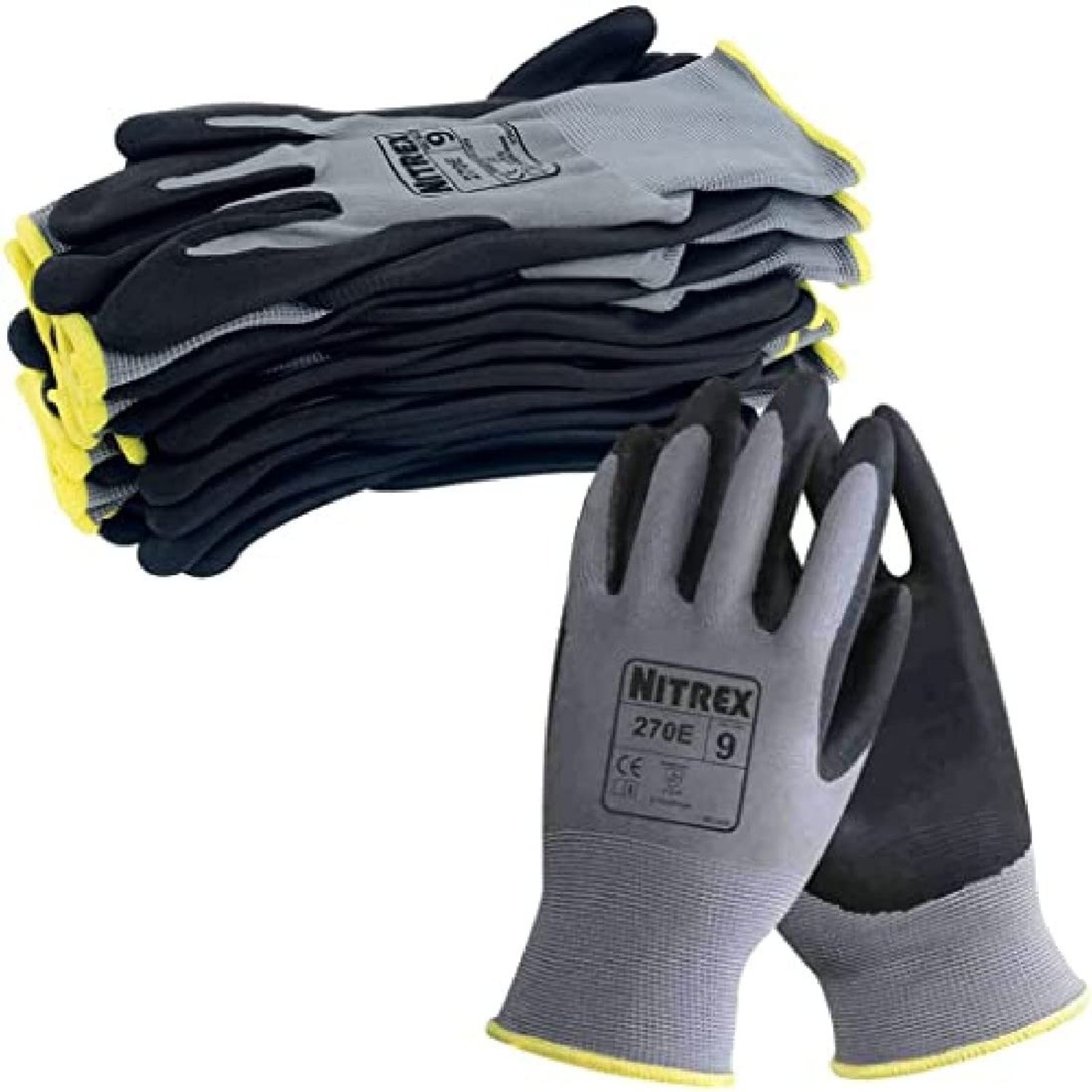 NITREX 270E Work Gloves – Pack of 10 | Safety Gloves with Enhanced Grip | Protective Workwear for Various Workplace Hazards | Size 9