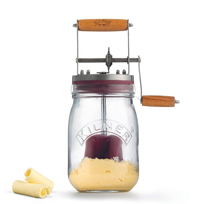 Kilner Butter Churner Set 1L Glass Jar with Hand Churning Mechanism and Recipe Booklet Ideal for Homemade Flavored Butter Perfect for Pancakes and Baking
