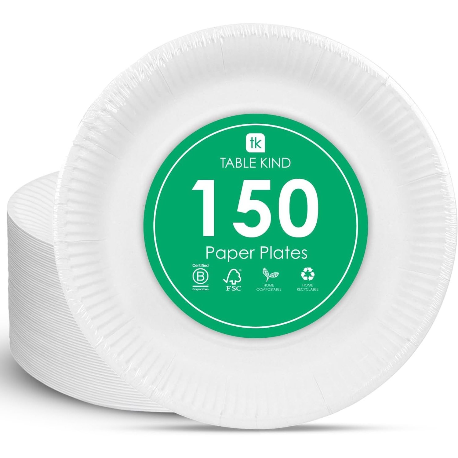 Table Kind 150 x Disposable White Paper Plates 22cm for Catering & Everyday Use, Bulk Pack Eco-Friendly Recyclable Round Dishes, Birthday Party Supplies, Home Compostable Made in EU