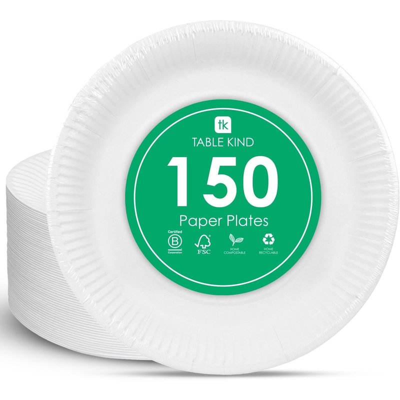 Table Kind 150 x Disposable White Paper Plates 22cm for Catering & Everyday Use, Bulk Pack Eco-Friendly Recyclable Round Dishes, Birthday Party Supplies, Home Compostable Made in EU